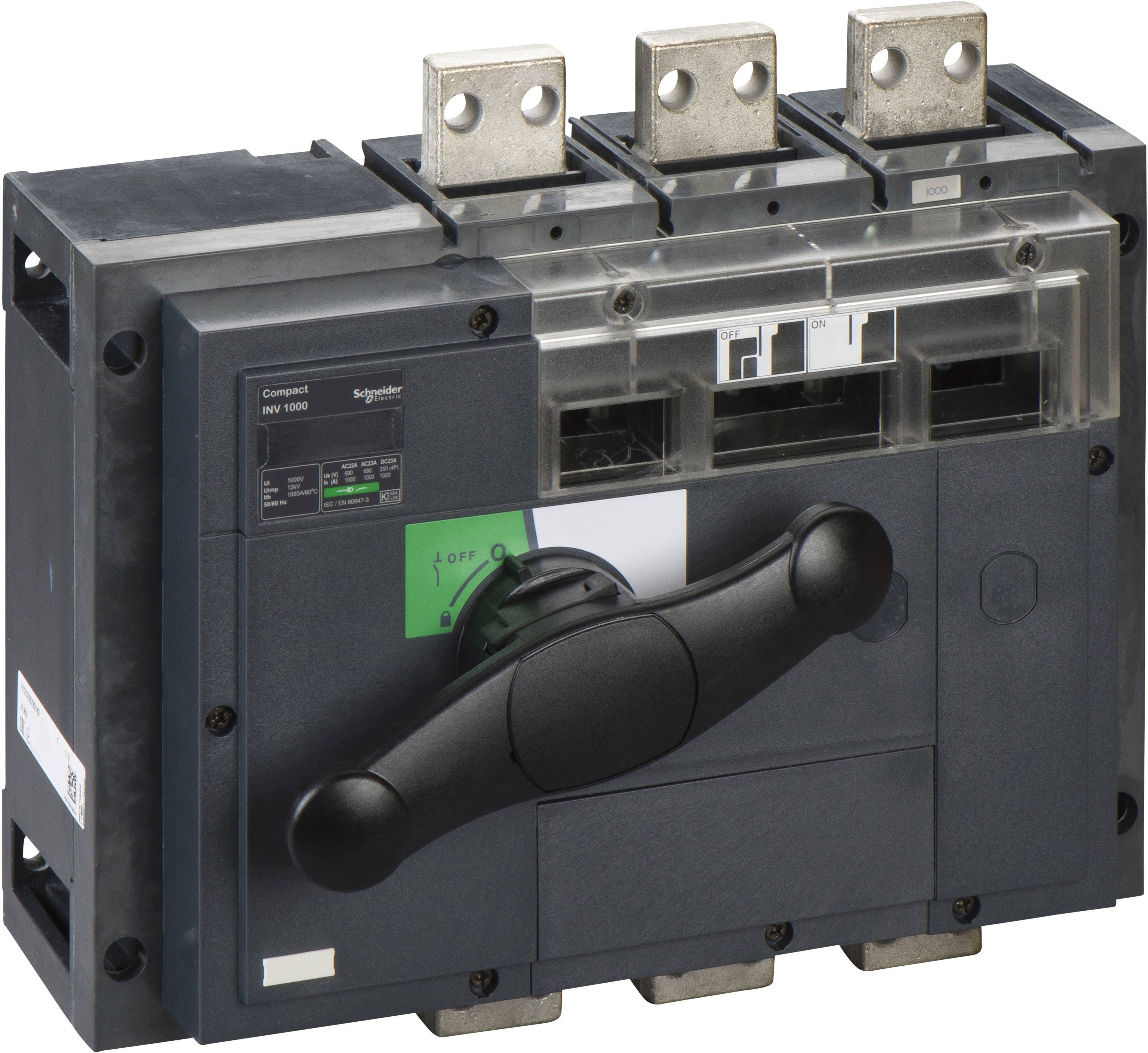 Ein elektrischer Leistungsschalter mit großem schwarzen Schalter und metallischen Anschlüssen oben. Markenname auf dem Etikett sichtbar.