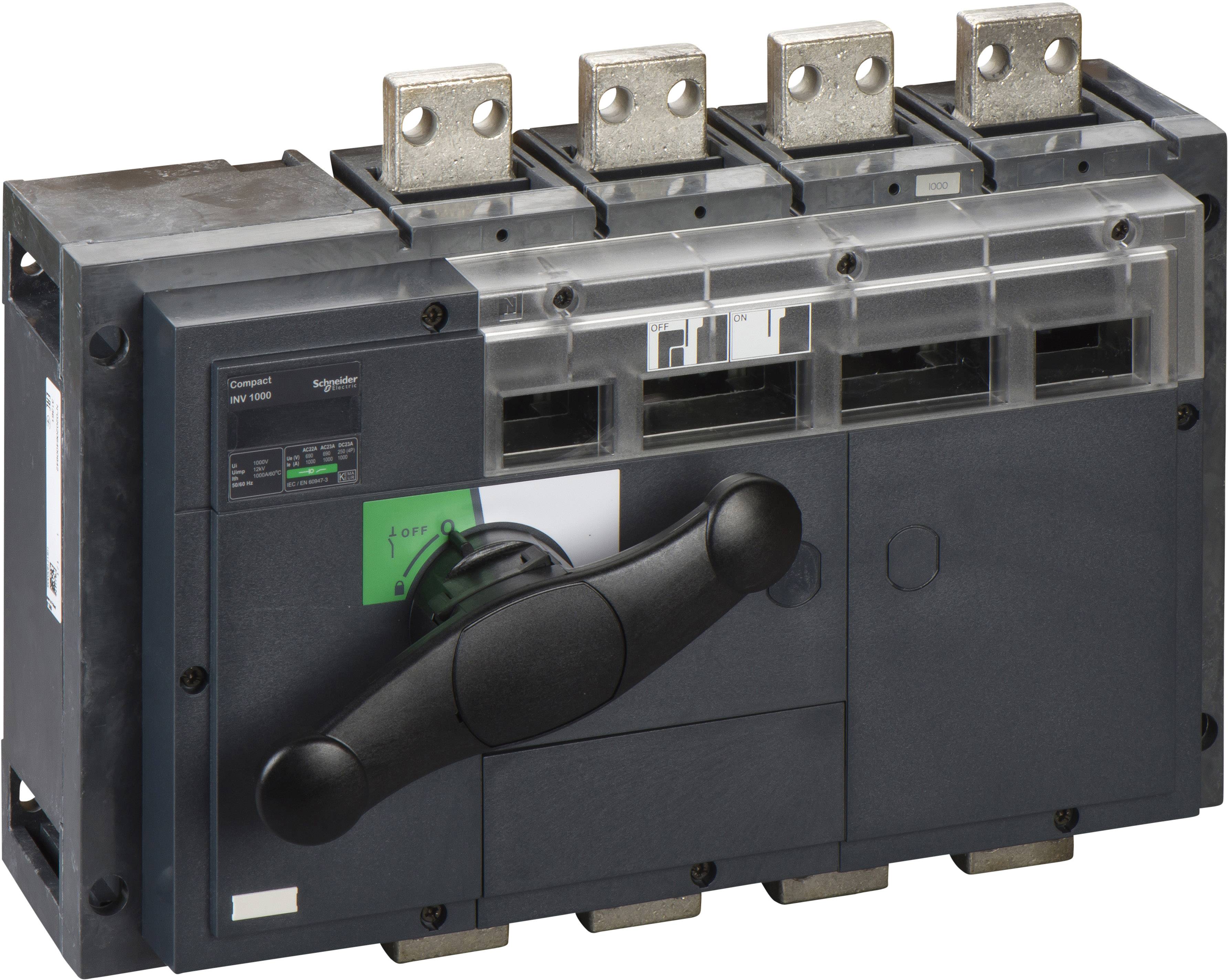 Schwarzer Leistungsschalter mit vier Anschlüssen und Drehgriff, positioniert auf '0'.