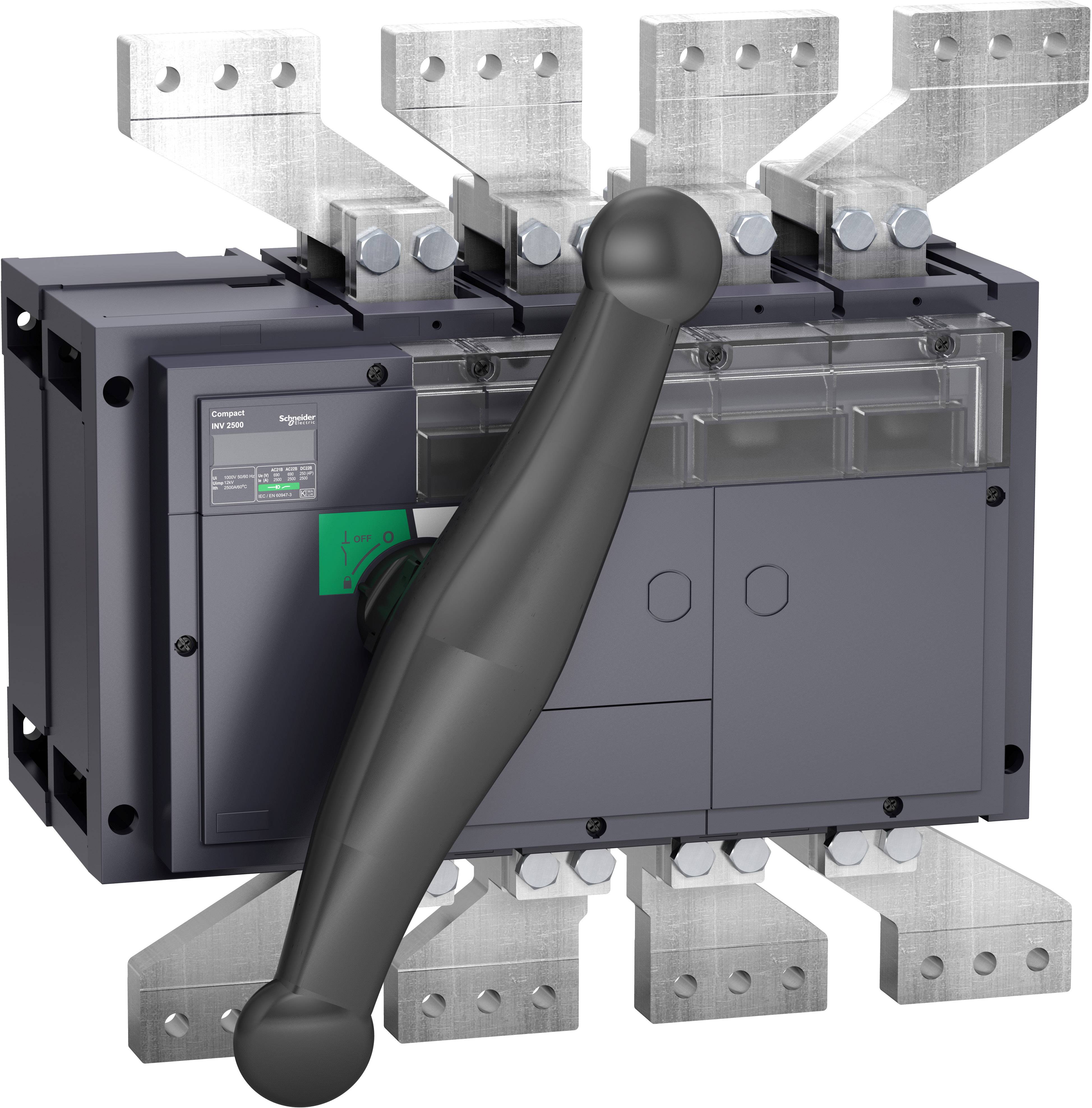 Leistungsschalter mit schwarzer Betätigungsstange in der Mitte, umgeben von metallischen Anschlüssen. Dient zum Stromkreisschutz.