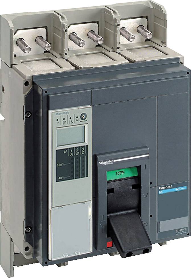 Leistungsschalter von Schneider Electric, Modell Compact NS, grau mit schwarzem Hebel, zeigt eine 'OFF'-Position.