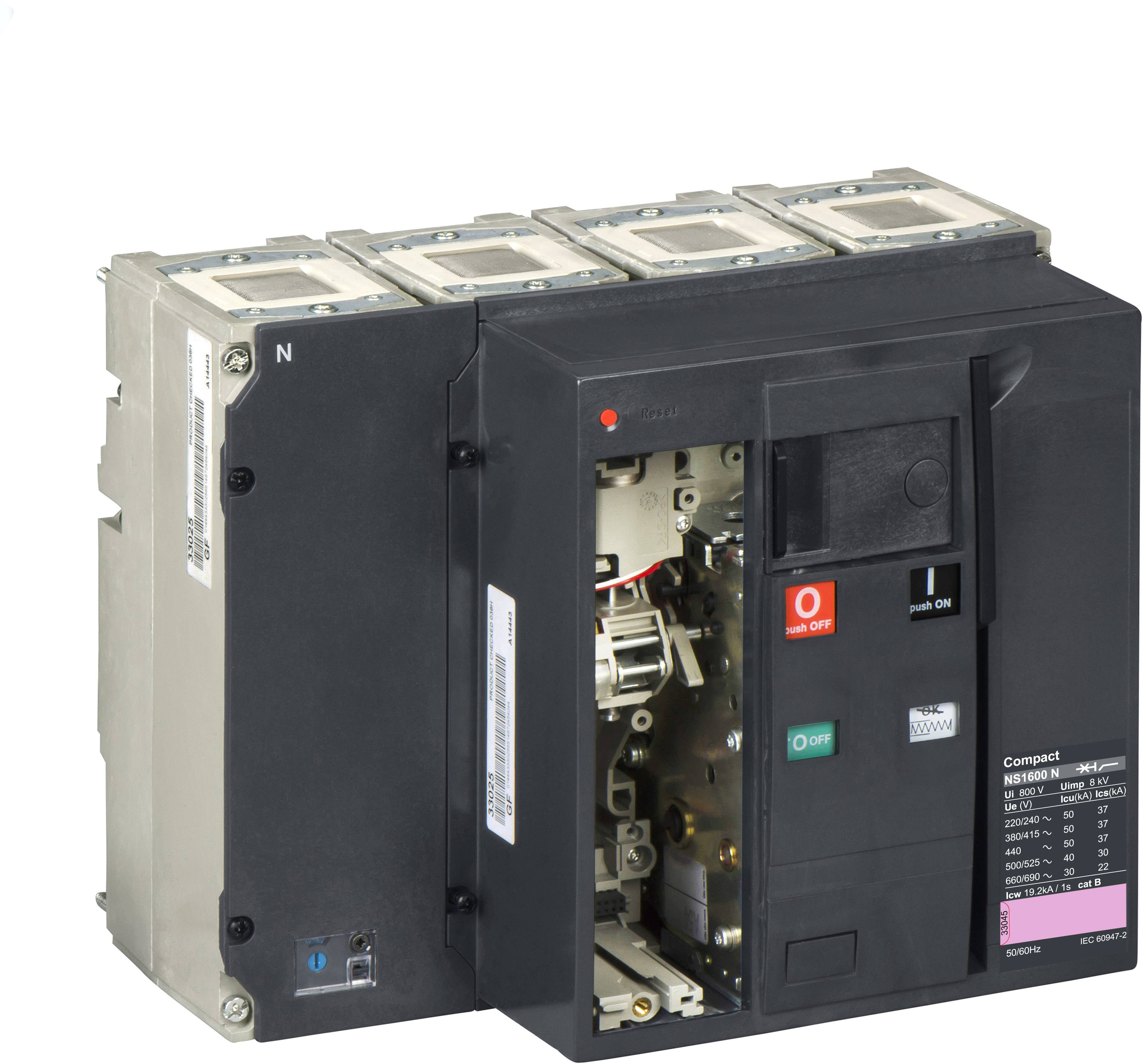 Ein elektrischer Leistungsschalter mit offenem Gehäuse, zeigt interne Komponenten und Schalterstellungen für Ein/Aus.