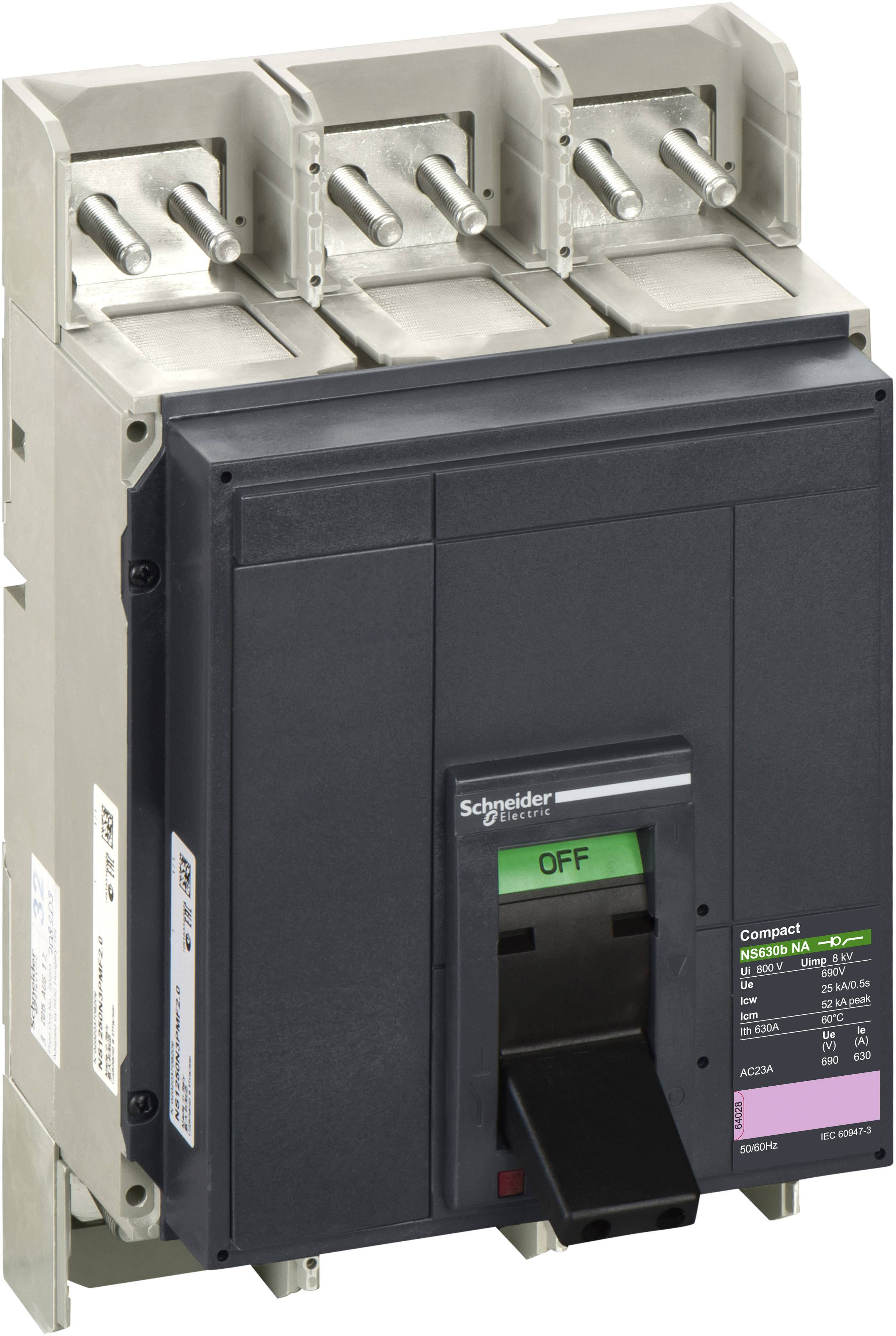 'Schneider Electric' Leistungsschalter, schwarze Front, grüner 'OFF'-Hebel. Elektrisches Bauteil zur Überstrom- und Kurzschlusssicherung.