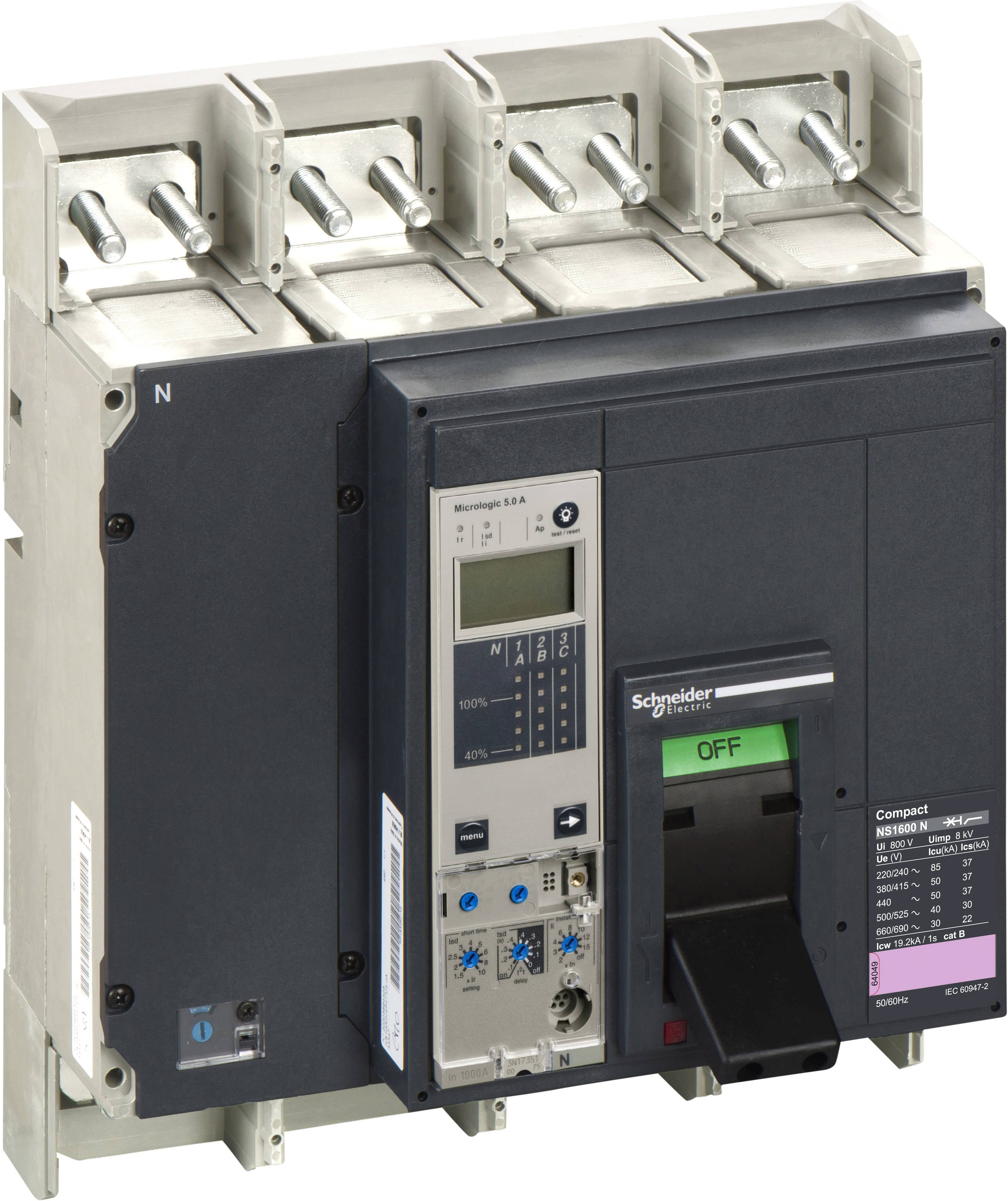 Ein kompakter Leistungsschalter von Schneider Electric mit einer Anzeigetafel und mehreren Schaltvorrichtungen.