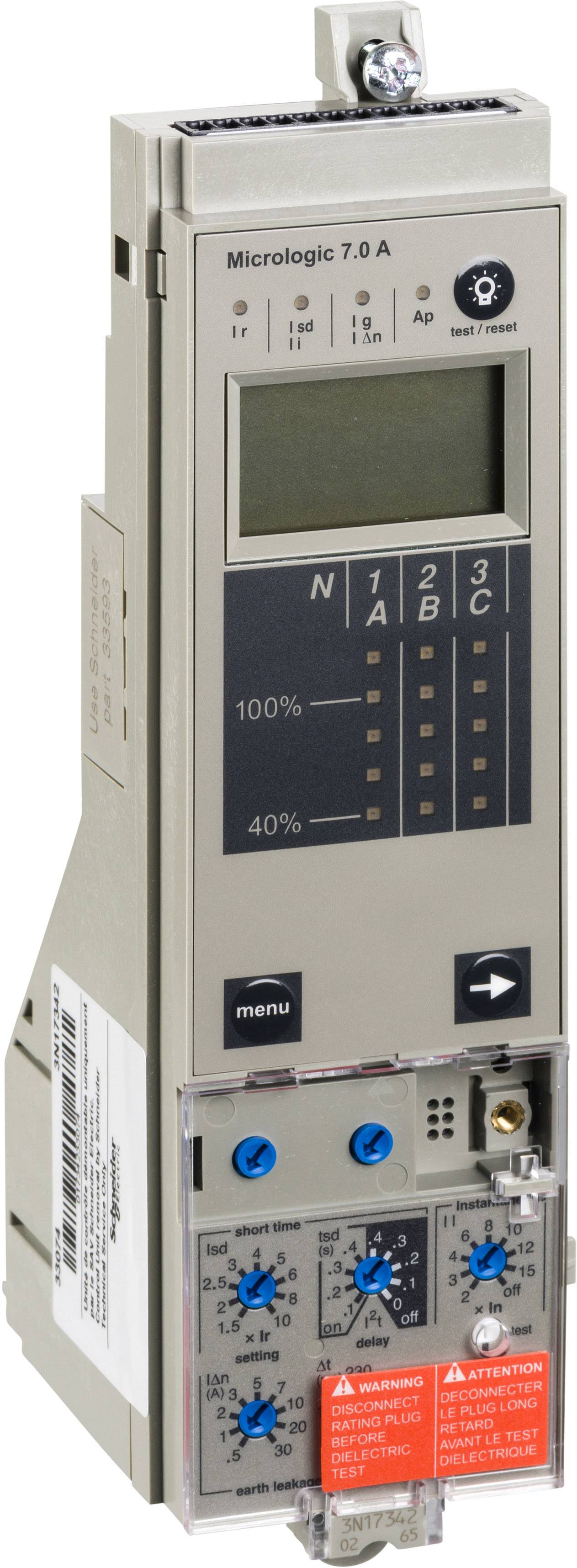 Ein graues elektrisches Messgerät mit Anzeige und blauen Drehknöpfen auf der Vorderseite, beschriftet mit 'Micrologic 7.0 A'.