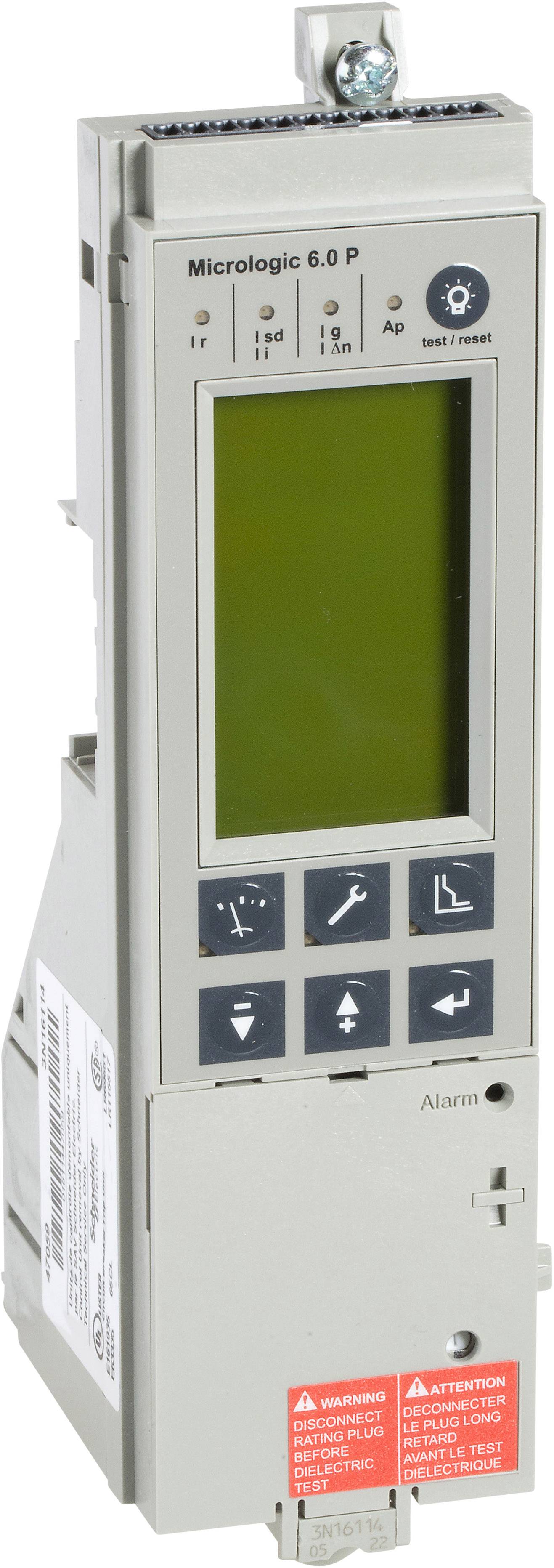 Elektronisches Gerät mit Bildschirm und Bedientasten, beschriftet mit 'Micrologic 6.0 P'. Montiert in einem schmalen, grauen Gehäuse.