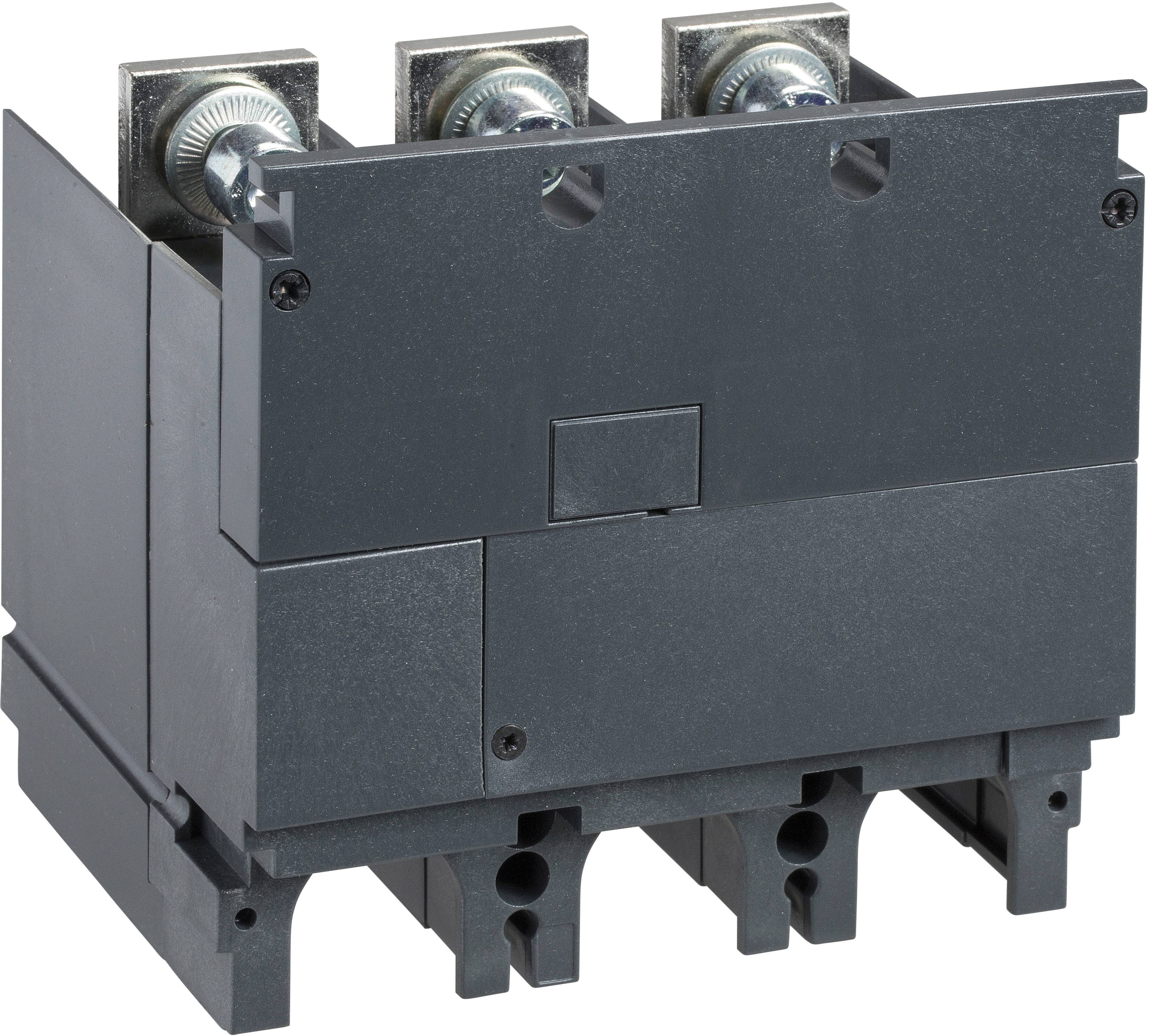 Schwarz-graues elektrisches Bauteil mit drei Anschlussklemmen oben, möglicherweise ein Teil einer Schaltungssteuerung oder eines elektrischen Verteilers.