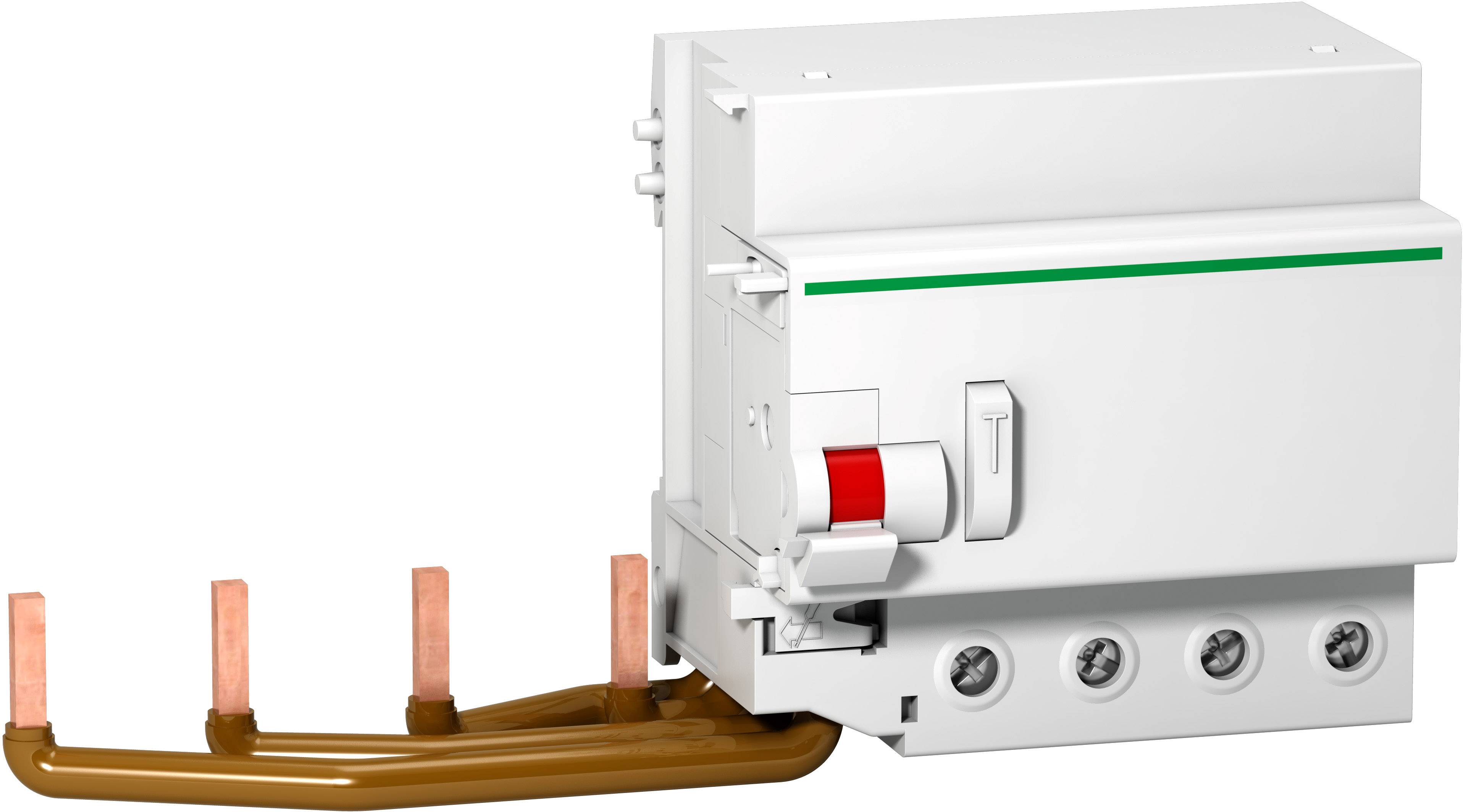 Ein weißer Leistungsschalter mit rotem Schalter, an Kupferschienen angeschlossen, zur Sicherung elektrischer Stromkreise.