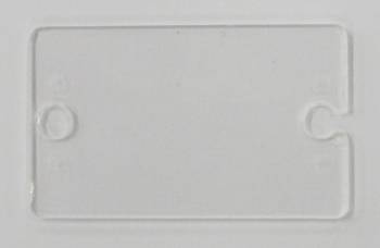 Eine durchsichtige, rechteckige Plastikabdeckung mit abgerundeten Ecken, auf einem weißen Hintergrund liegend.