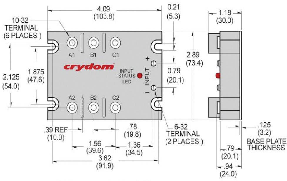 Diagramm eines elektronischen Bauteils mit Abmessungen. Beinhaltet Anschlüsse und LED-Statusanzeige. Herstellername: crydom.