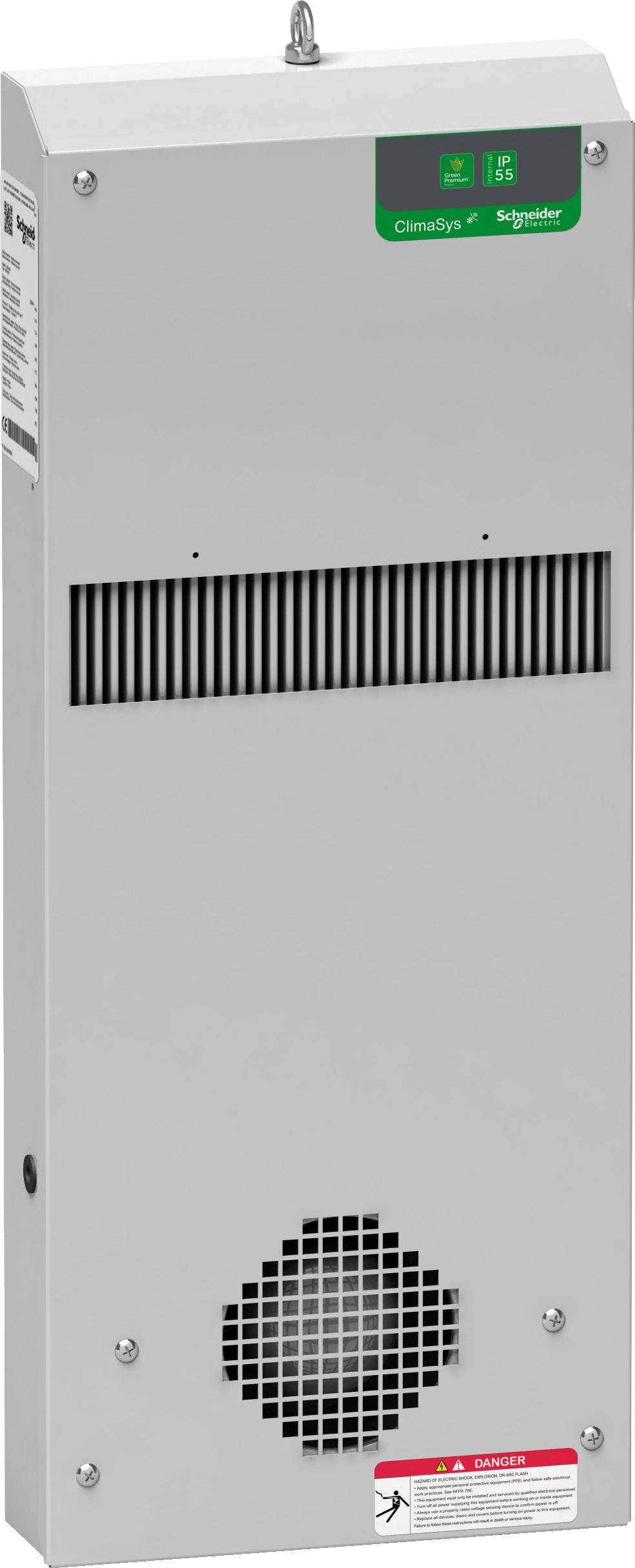 Graues Klimagerät von Schneider Electric, Modell ClimaSys, mit Lüftungsgittern und Bedienfeld oben.