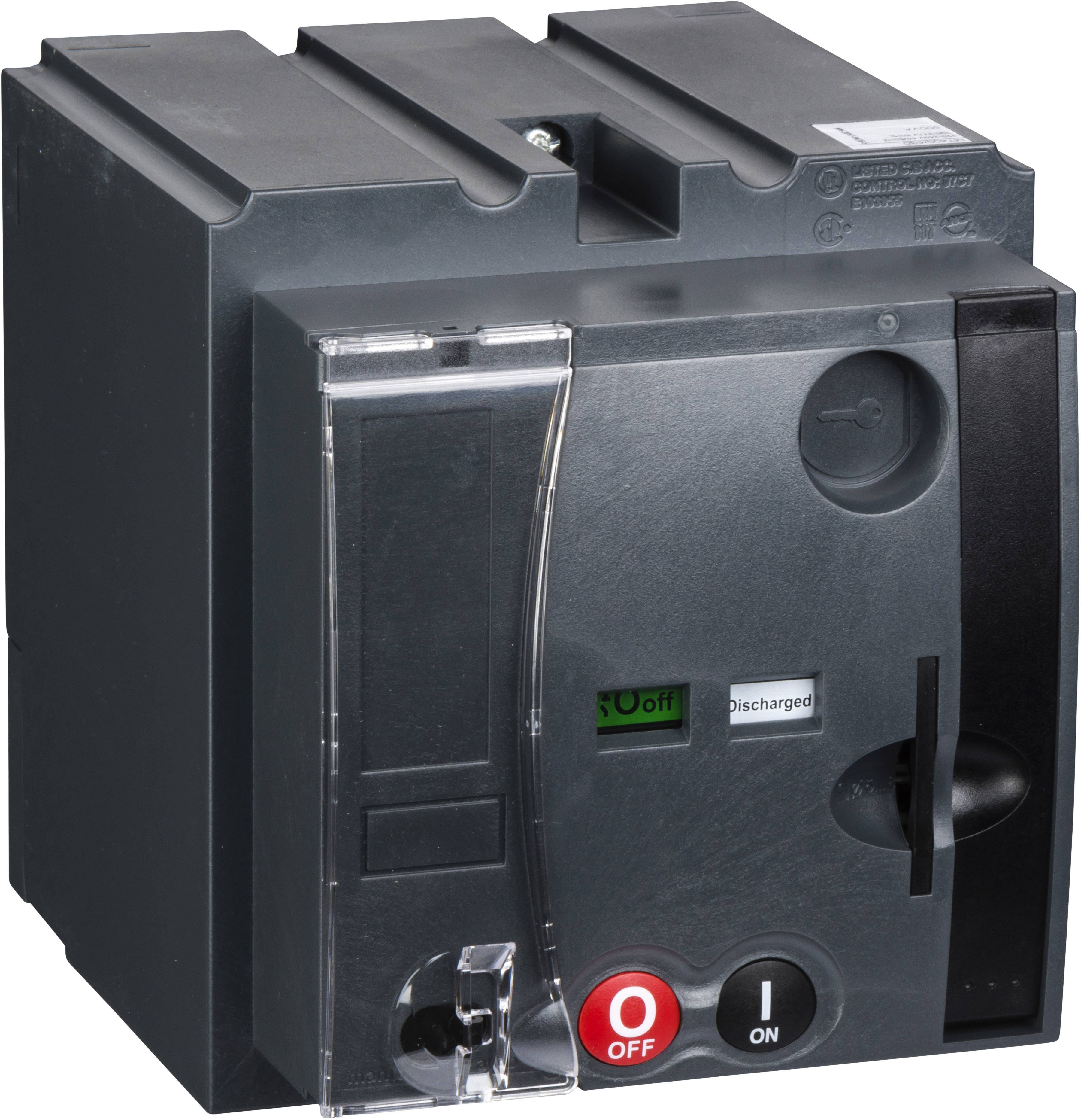 Schwarzer Leistungsschalter mit rotem und schwarzem Schalter auf der Vorderseite, umgeben von einem grauen Gehäuse.