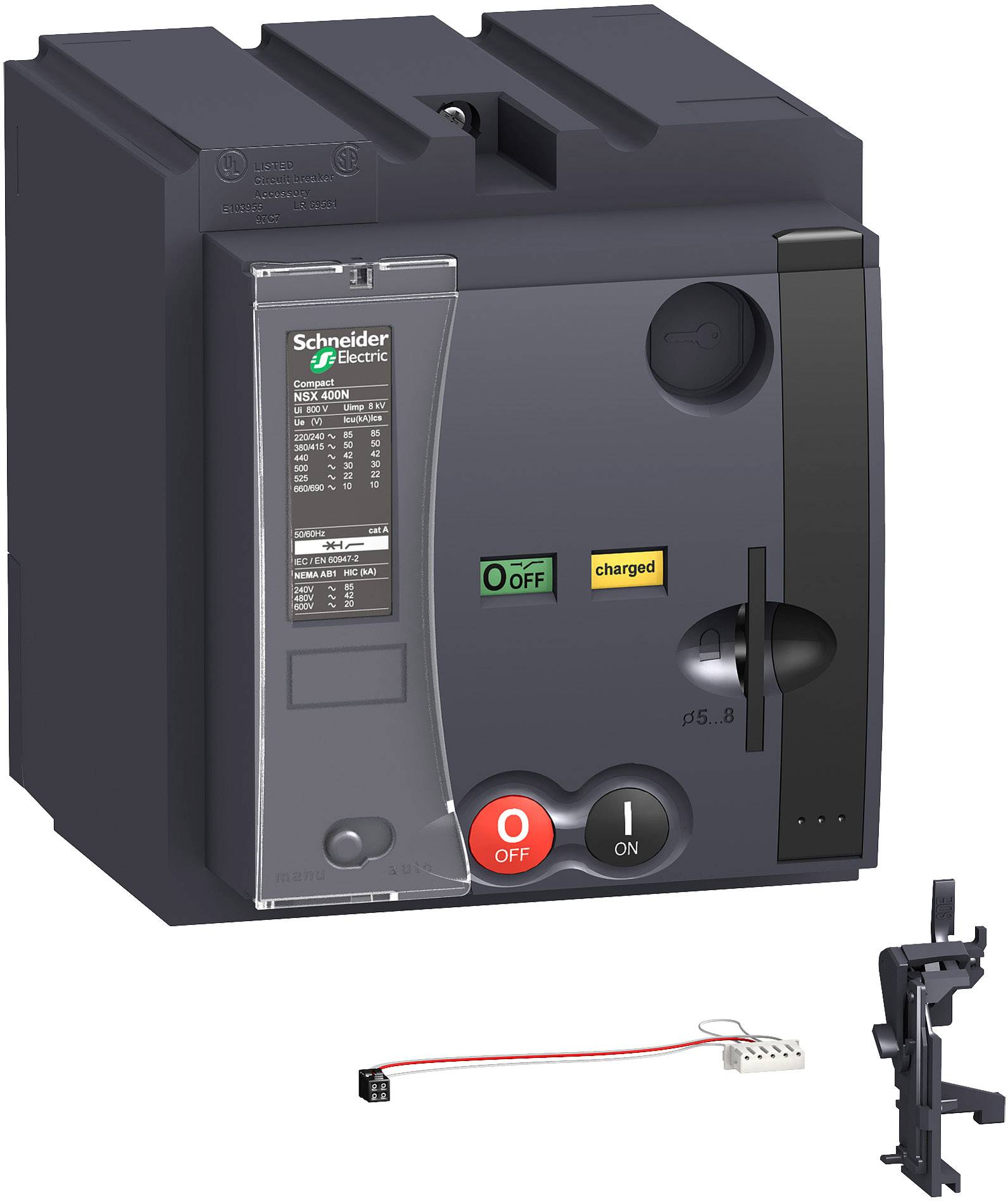 'Schneider Electric' schwarz-grauer Leistungsschalter mit rotem und grünem Schalter. Zubehörteile unten abgebildet.