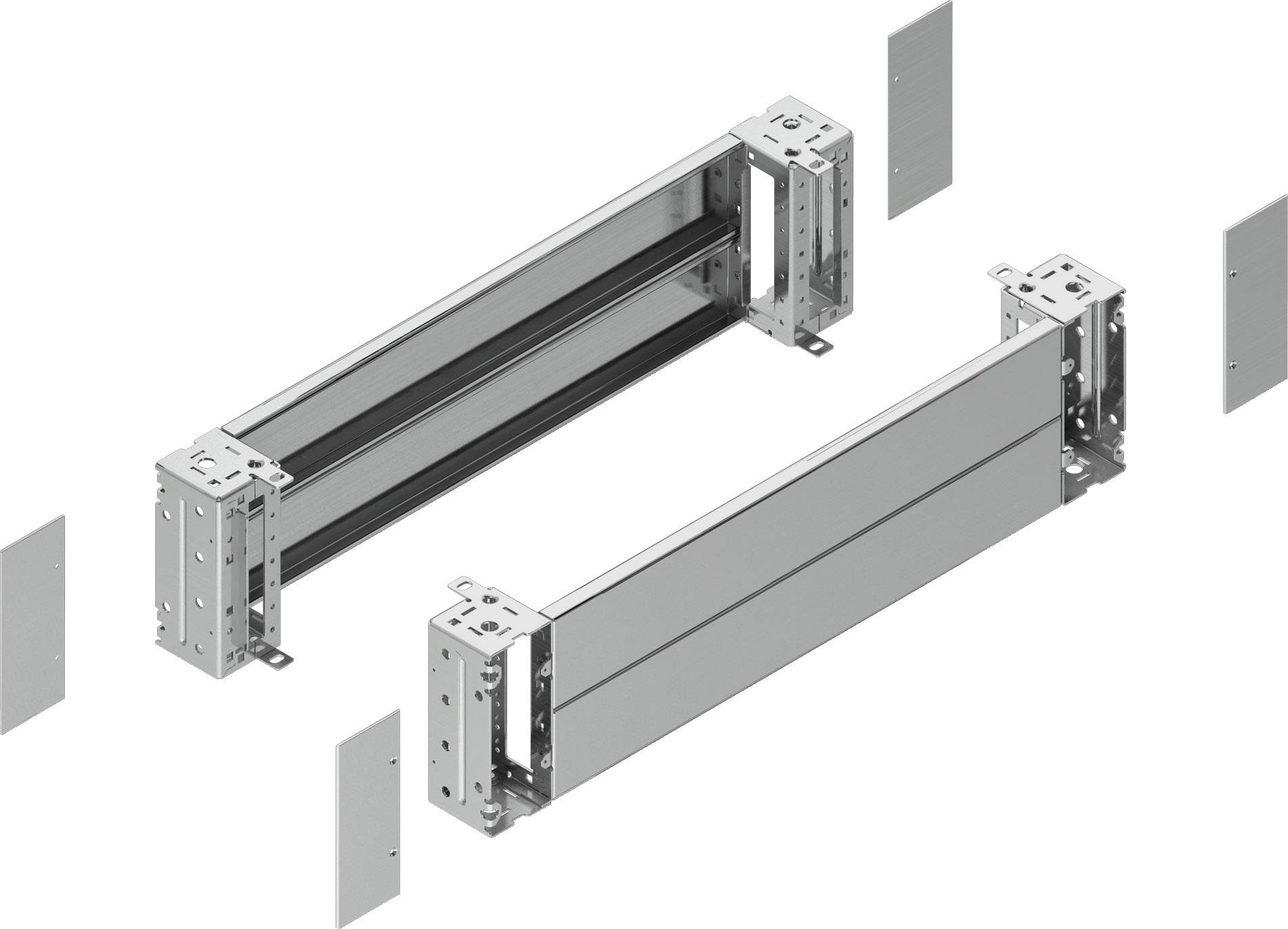 Zwei teleskopartige Schienen aus Metall mit Seitenplatten, die auseinandergezogen dargestellt sind. Einbauelemente für Schränke.