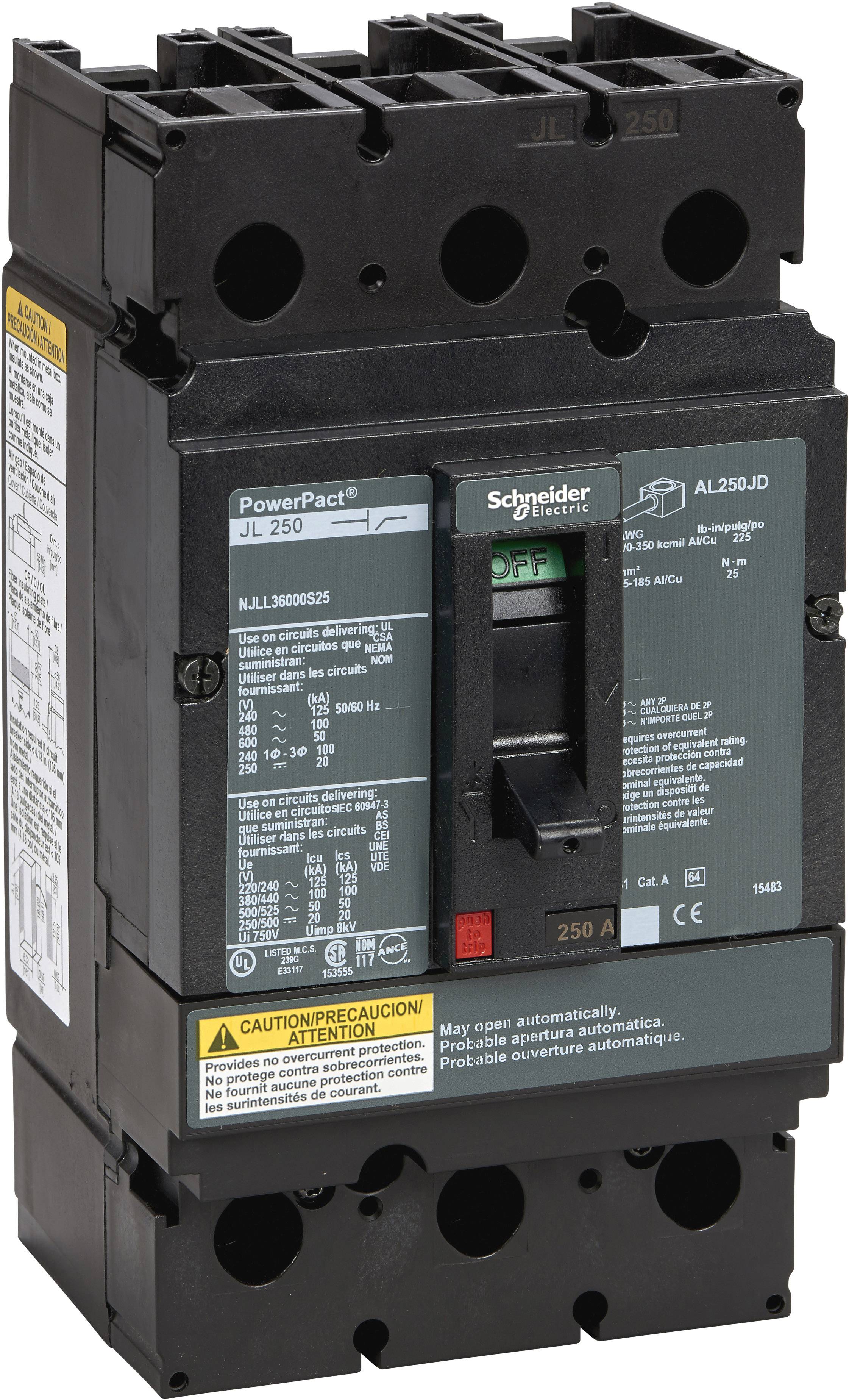 Ein schwarzer Leistungsschalter 'PowerPact JL250' von Schneider Electric, mit grünem 'OFF'-Schalter und gelbem Warnhinweis.
