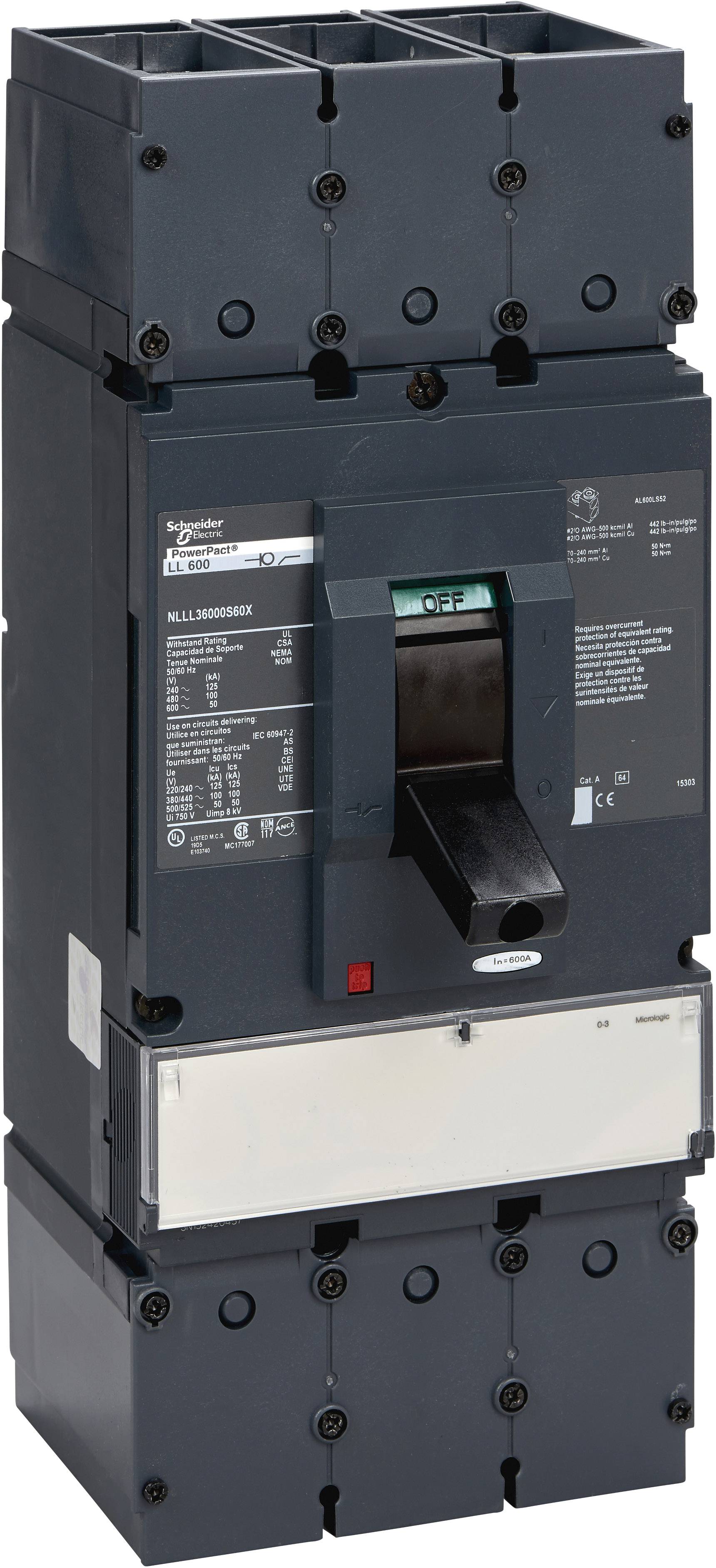 Abbildung eines industriellen Leistungsschalters in einem schwarzen Gehäuse mit Schaltposition 'OFF'. Geeignet für elektrische Steuerungen.