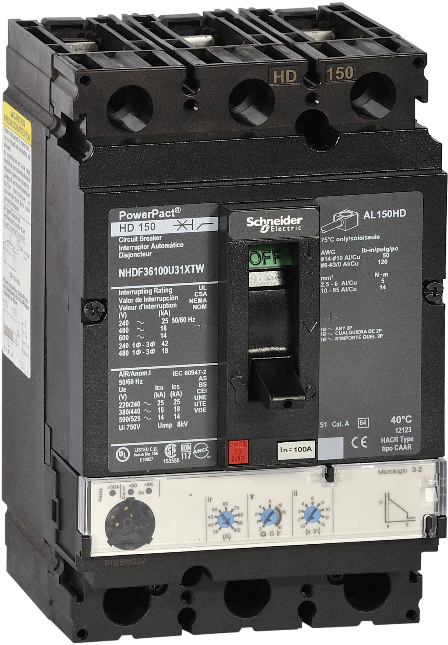 'Schneider Electric Leistungsschalter, Modell HD 150' mit grüner Taste 'OFF'. Schwarz, rechteckig, zeigt technische Details vorne.