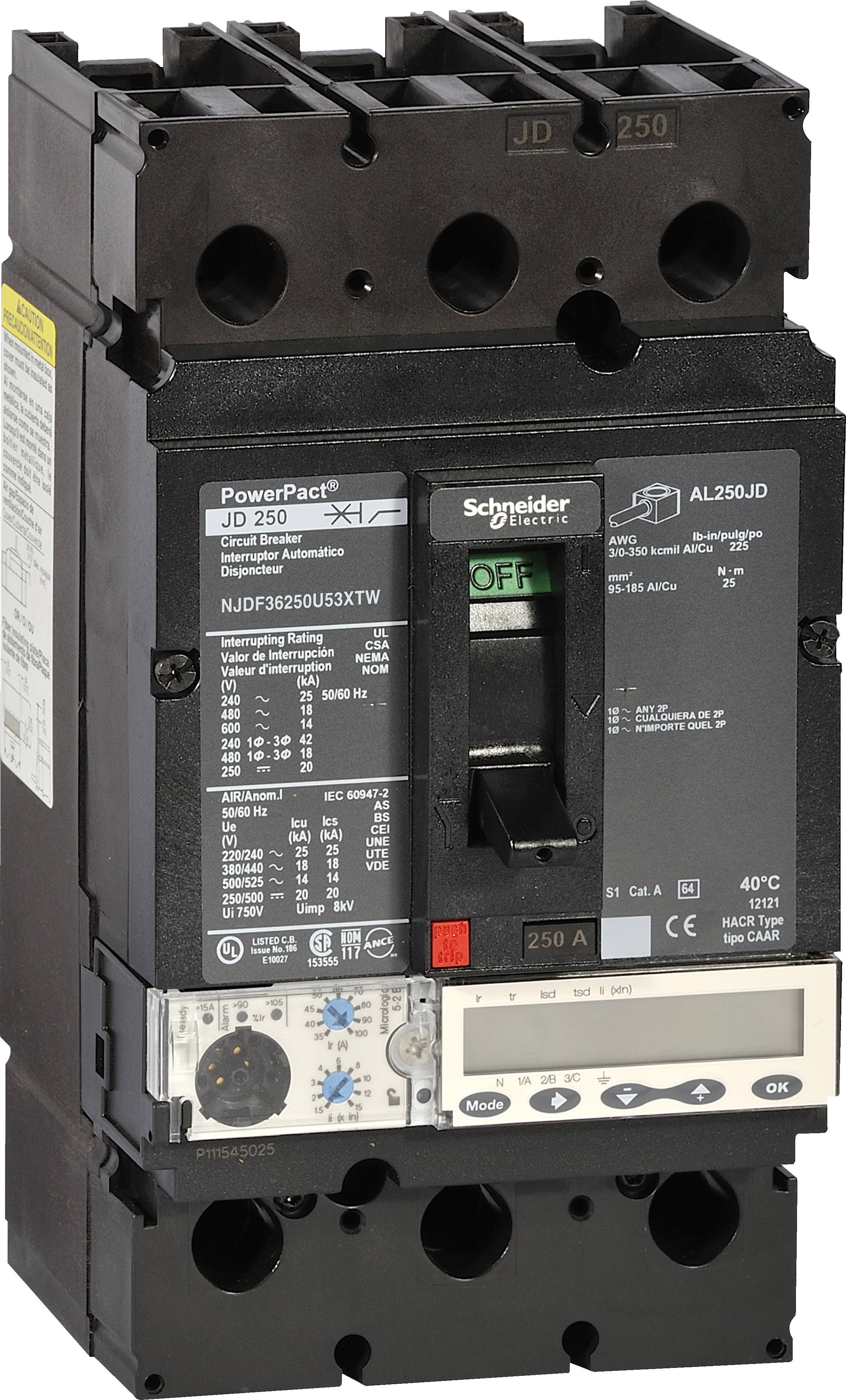 Ein dreipoliger Leistungsschalter von Schneider Electric, Modell PowerPact, für 250 A. Hauptschalterposition ist auf 'AUS'.