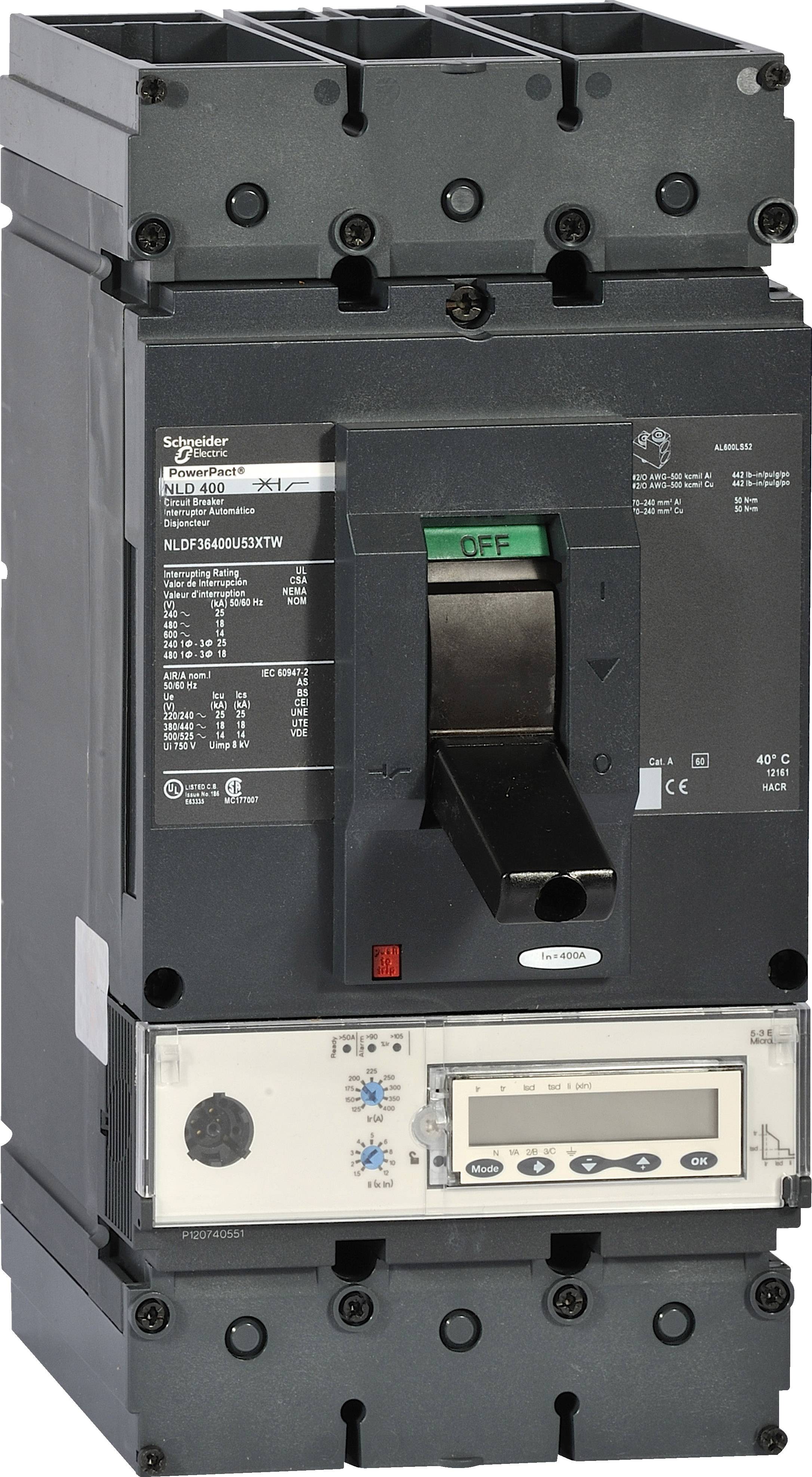 Industrieschalter mit digitalem Display und Hebel in der 'Aus'-Position. Anzeigeelemente oben und Steuerelement unten.