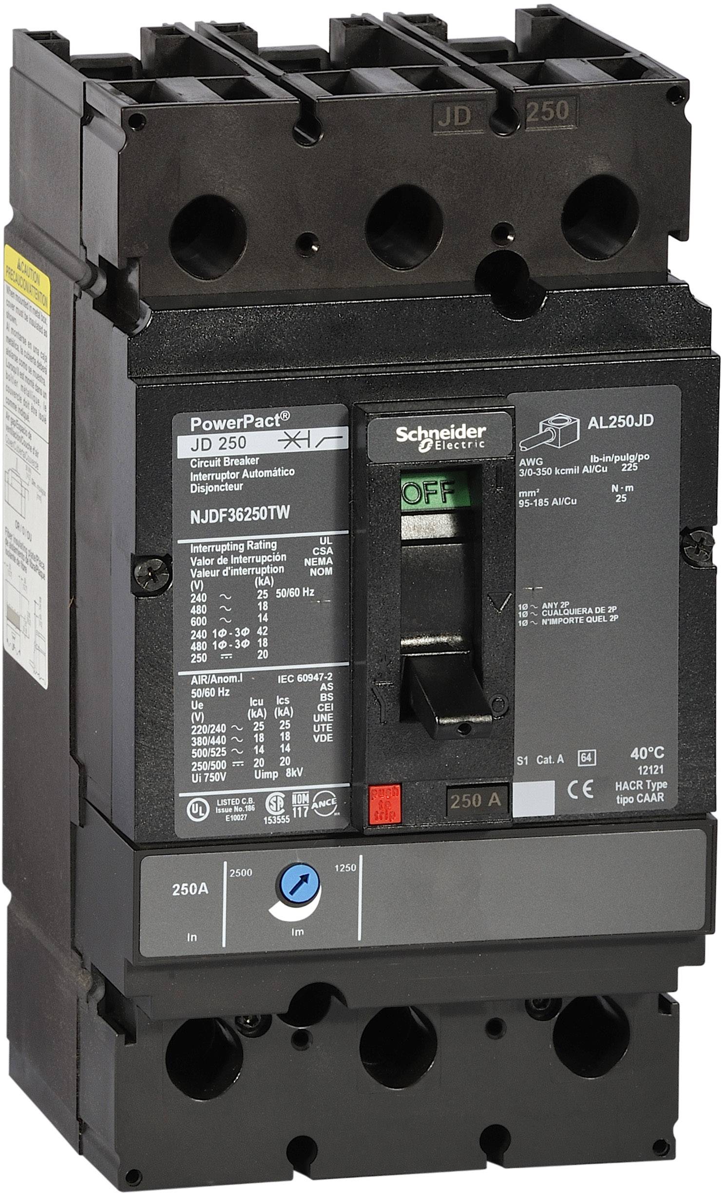 Leistungsschalter von Schneider Electric, Modell PowerPact, Nennstrom 250 A, mit Kippschalter in der 'OFF'-Position.