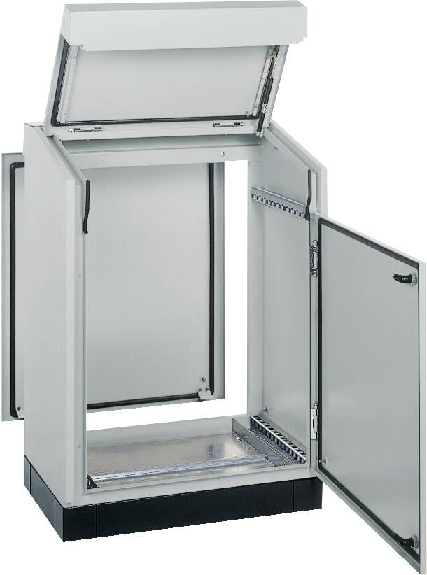 Ein geöffneter, leerer Metallschrank mit zwei Türen und einem aufklappbaren Deckel, geeignet für technisches oder industrielles Equipment.