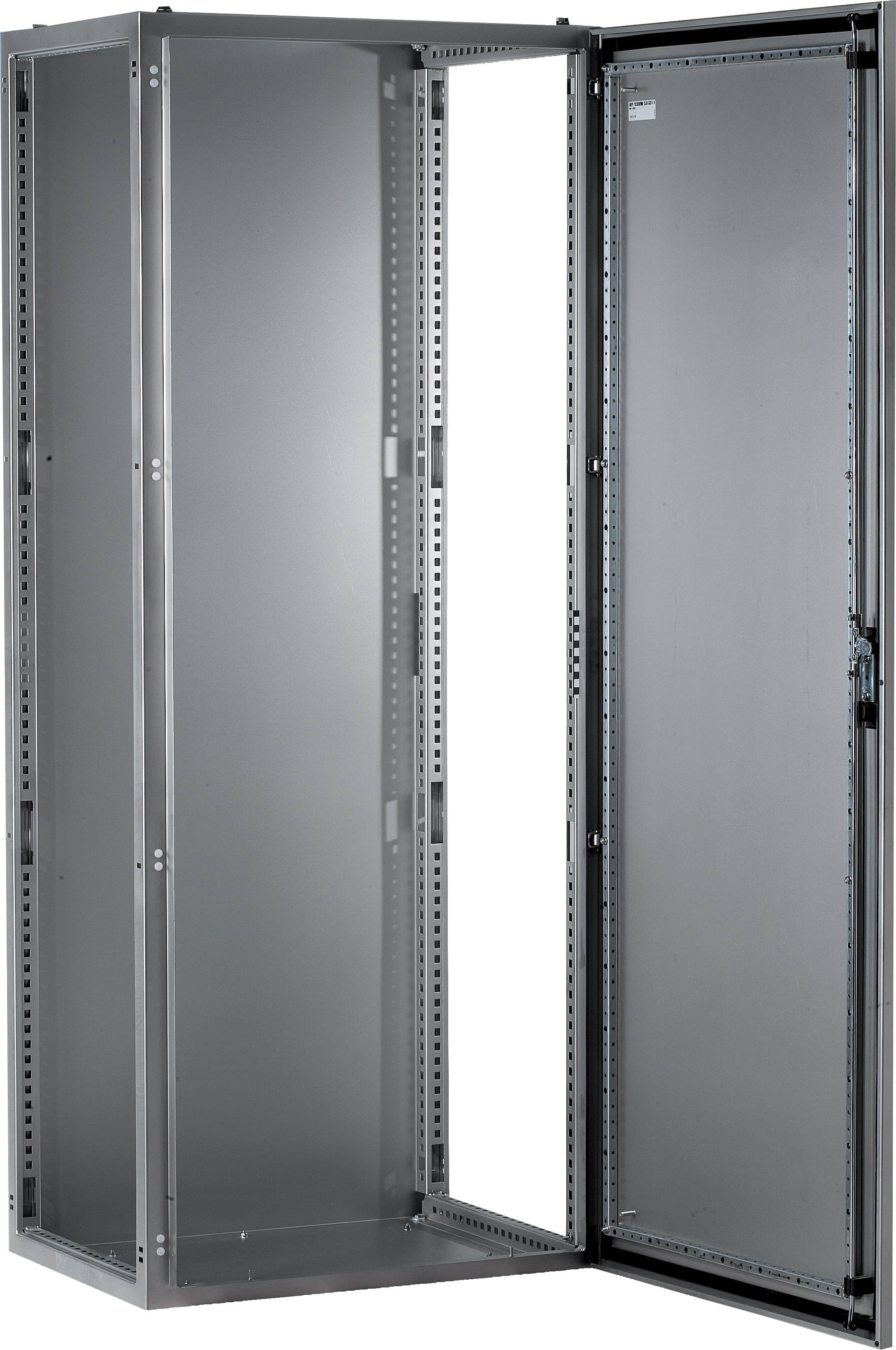 Metallschrank mit geöffneter Tür, zeigt leeren Innenraum und Scharniere, geeignet für technische Ausrüstung oder Server.