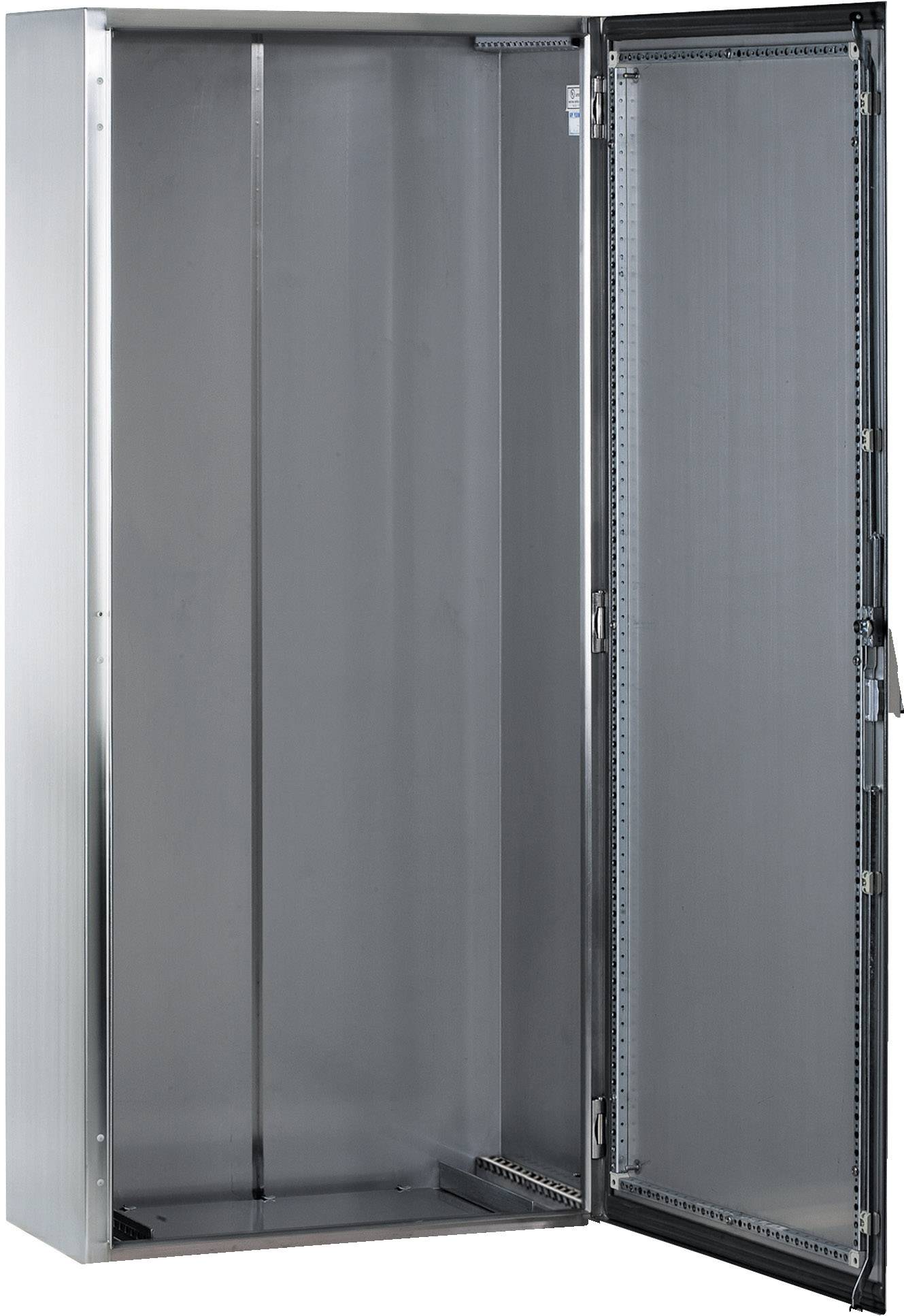 Ein offener, großer grauer Metallschrank mit einer Tür, die nach rechts geöffnet ist. Der Schrank ist leer und für die Lagerung geeignet.