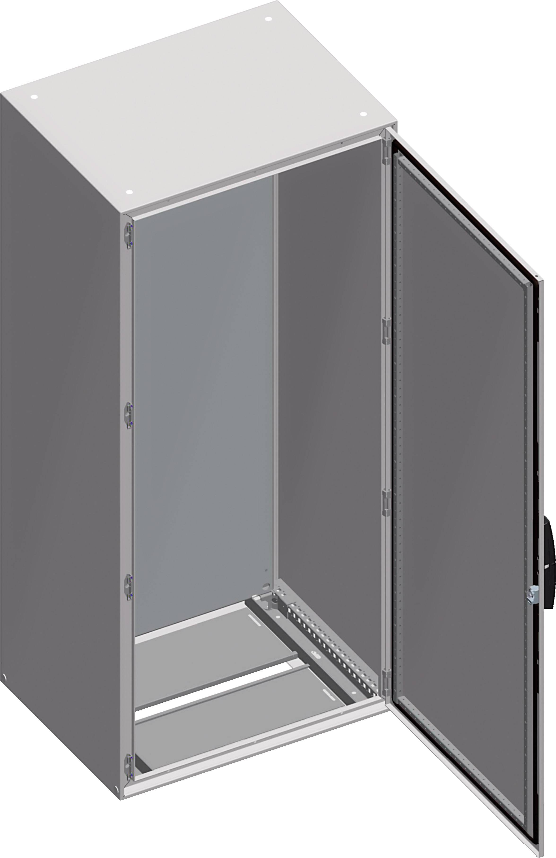 Stehender grauer Schaltschrank mit geöffneter Tür, zeigt innen zwei montierbare Streben; für elektronische Bauteile geeignet.