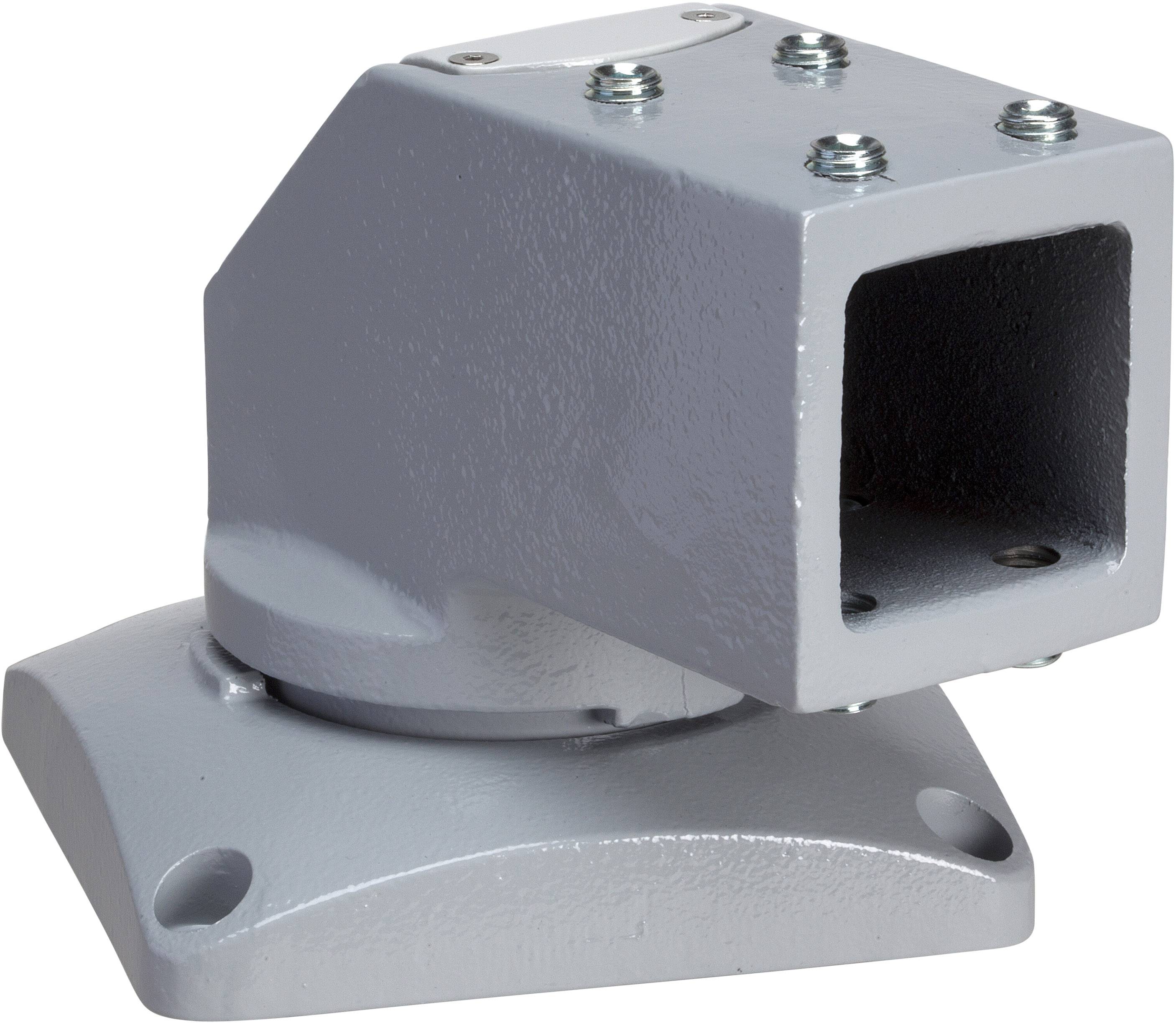 Grau lackiertes Metallteil mit vier Schraubenlöchern und einer rechteckigen Öffnung, ruht auf einer quadratischen Basis.