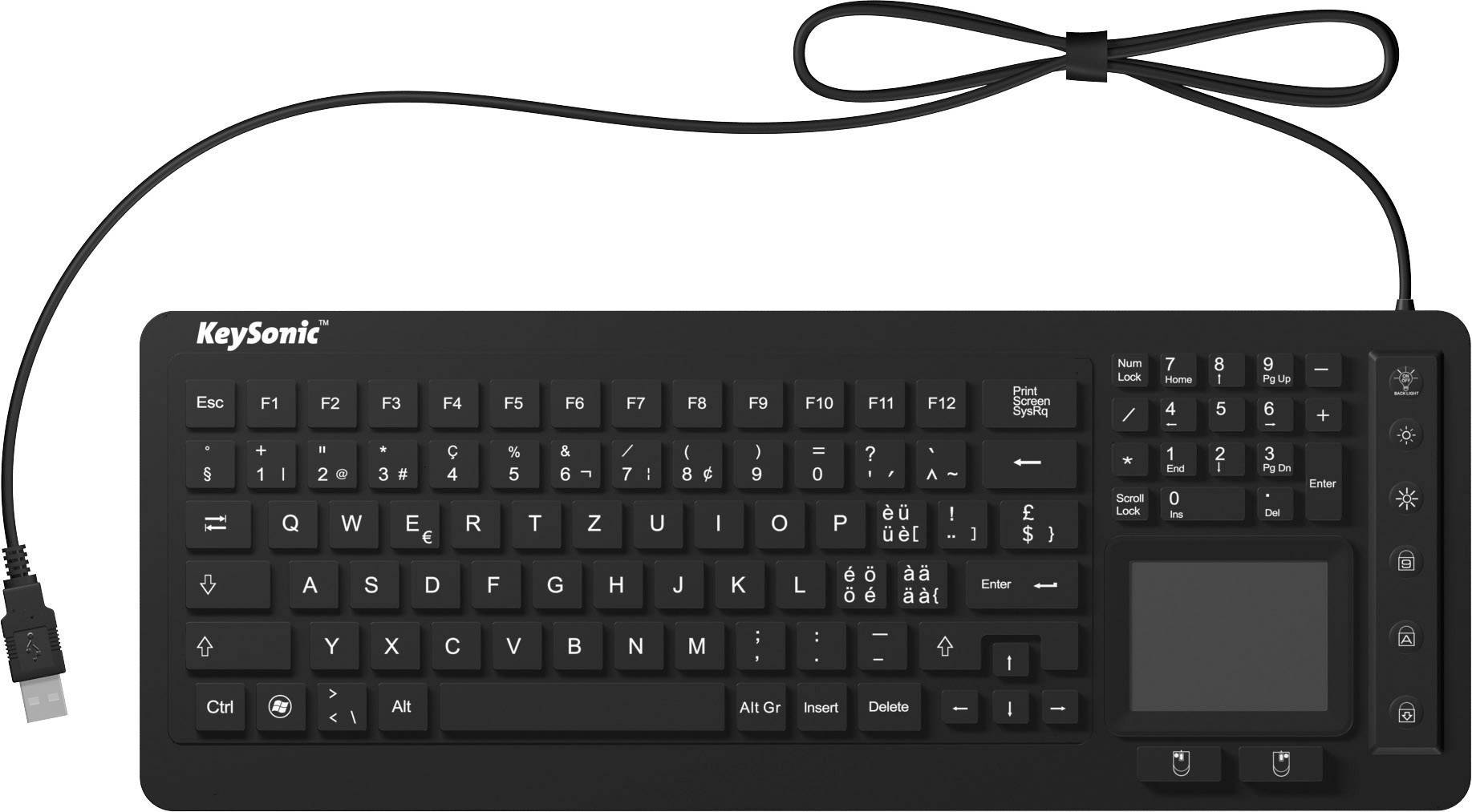 Keysonic KSK-6231 INEL (CH) USB Tastatur Schweiz, QWERTZ Schwarz Silikonmembran, Wasserfest (IPX7), Beleuchtet, Integriertes Touchpad, Maustasten
