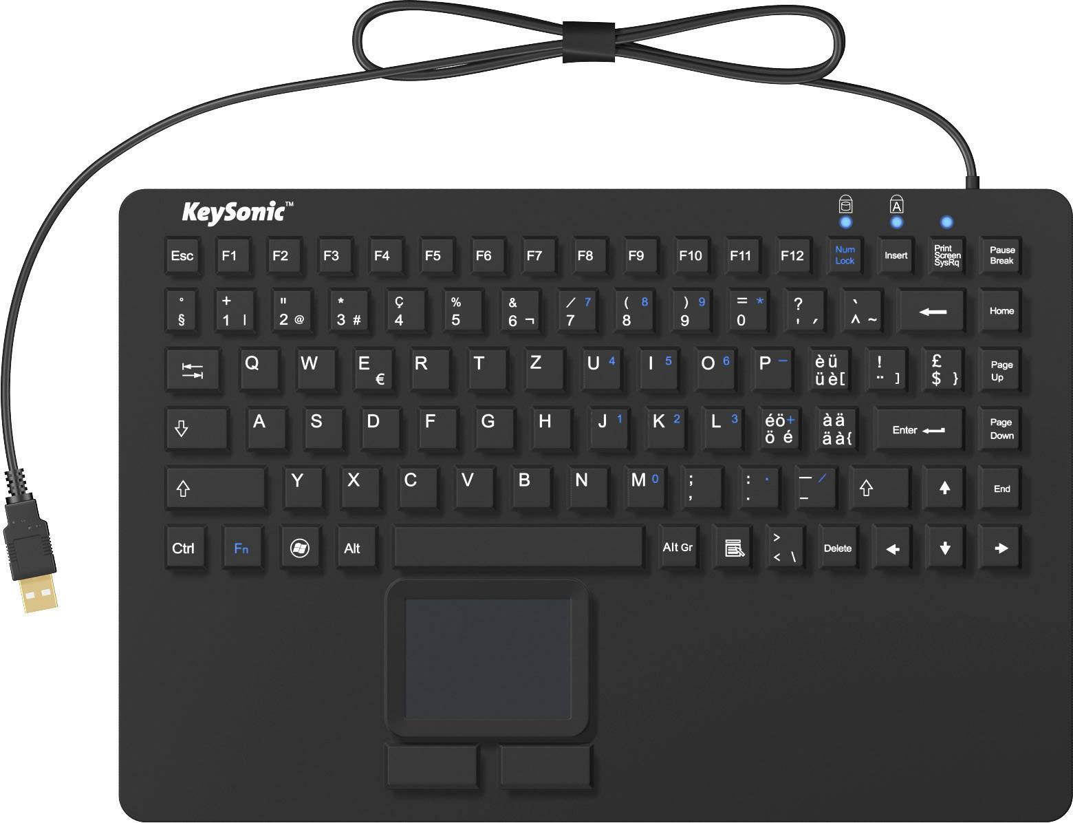 Keysonic KSK-5230IN (CH) USB Tastatur Schweiz, QWERTZ Schwarz Silikonmembran, Wasserfest (IPX7), Integriertes Touchpad, Maustasten