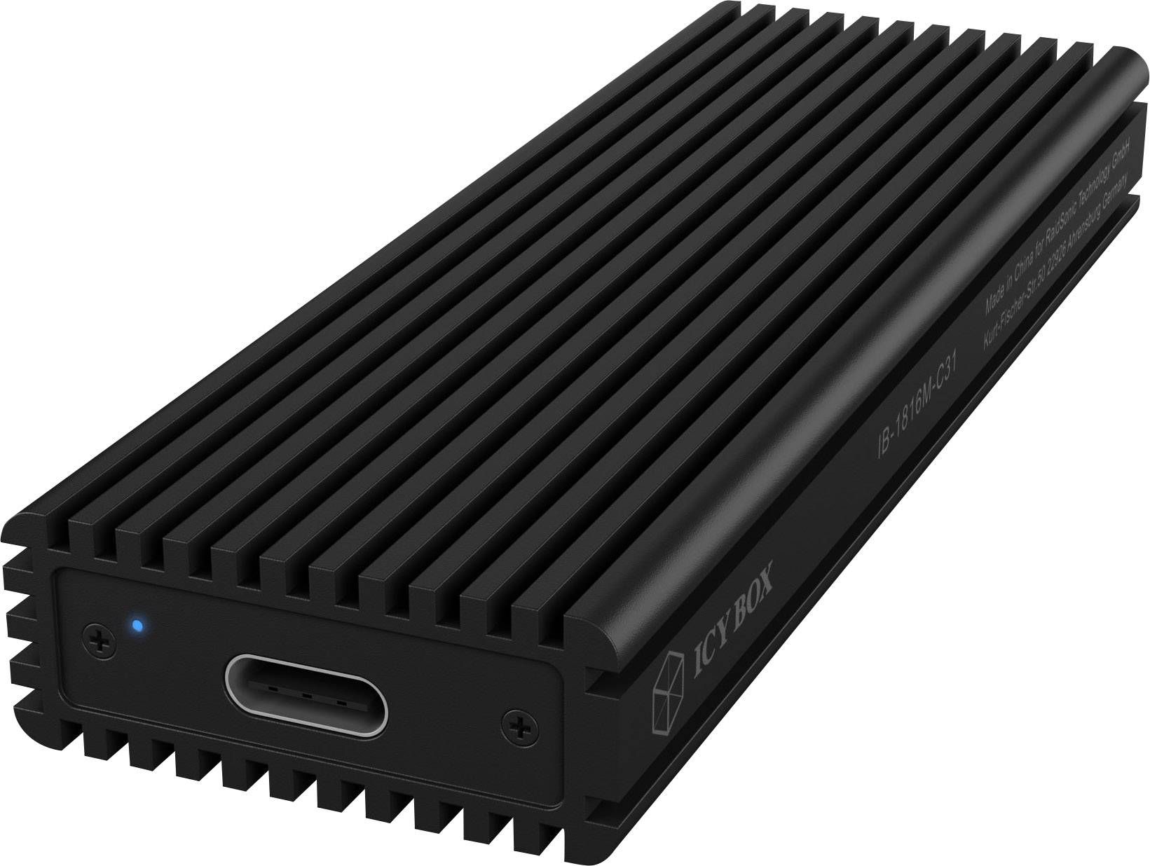 Externes Festplattengehäuse aus schwarzem Aluminium, unterstützt USB-C und SSDs. Es verfügt über eine gerippte Oberfläche zur Wärmeabfuhr.