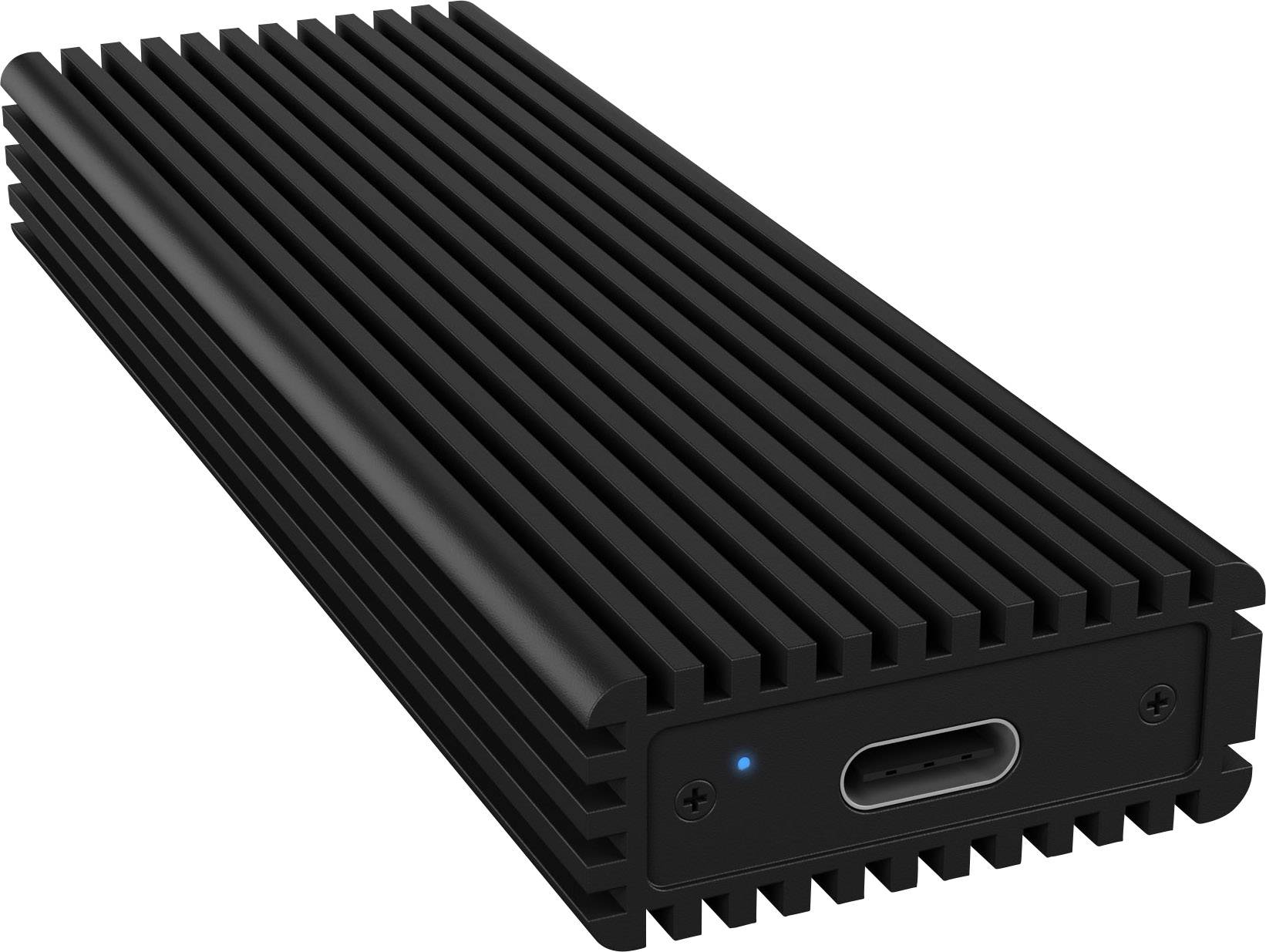 Externe SSD mit schwarzem Kühlkörper, USB-C-Anschluss und einer kleinen blauen LED-Anzeige auf der Vorderseite.