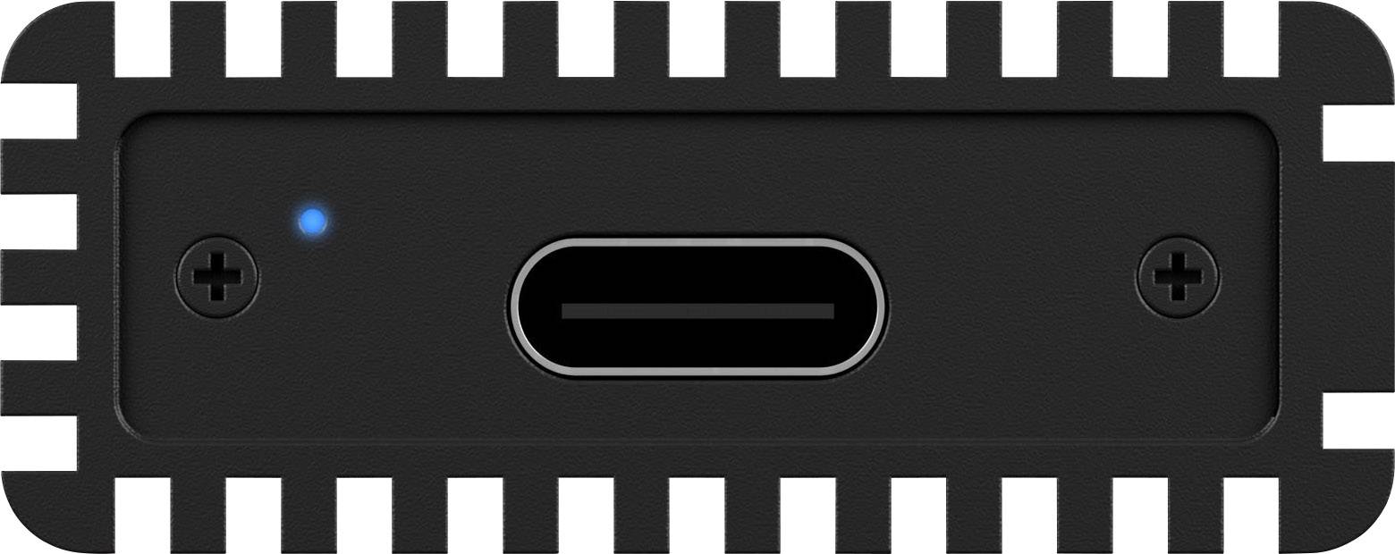 Ein rechteckiger USB-C-Anschluss an einem Gerät, umgeben von einem gestreiften Rand. Links von der Buchse leuchtet ein blauer Punkt.