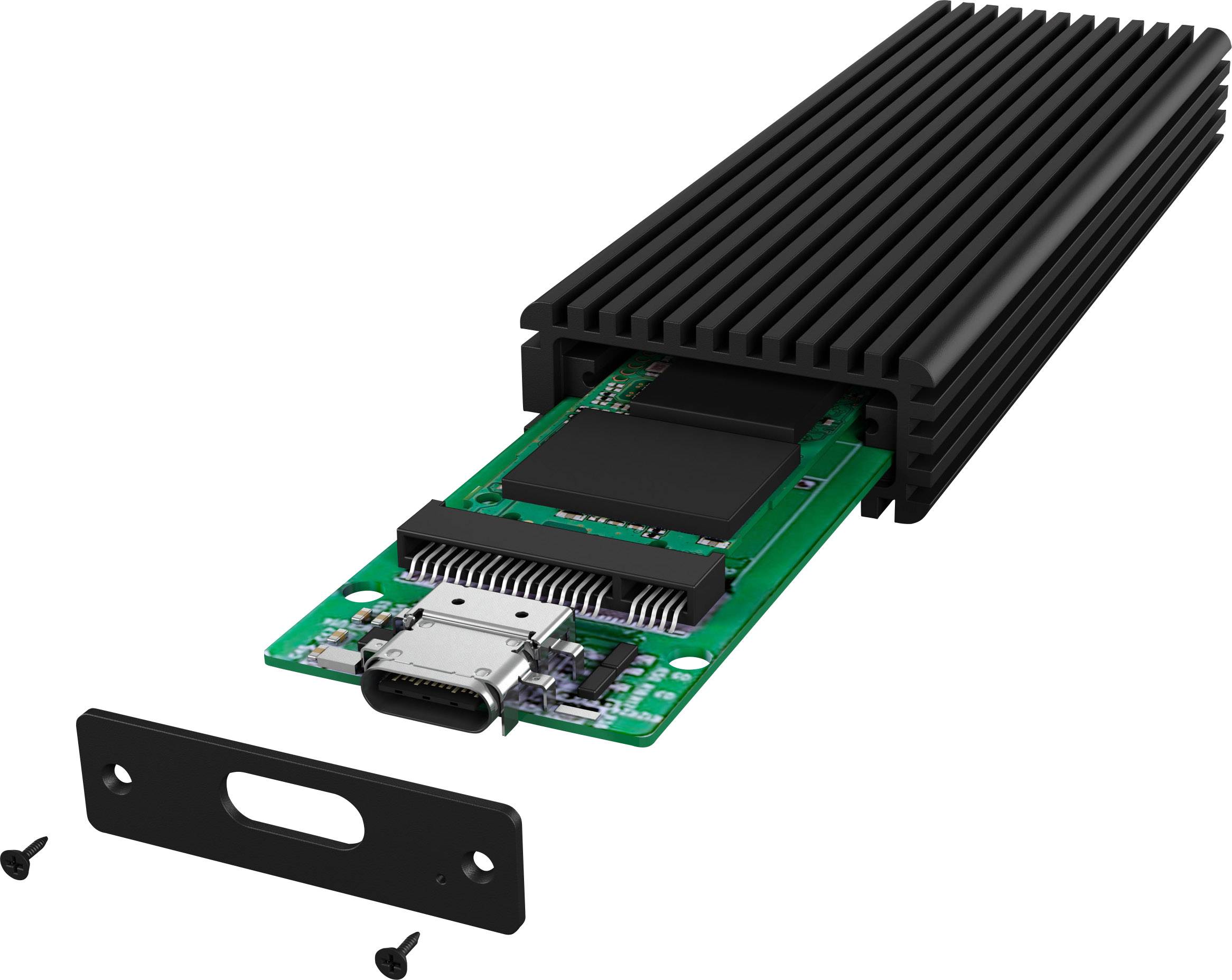 Ein grünes, elektronisches Gerät mit schwarzem Kühlkörper und offener Metallabdeckung zeigt eine Platine mit USB-C-Anschluss.