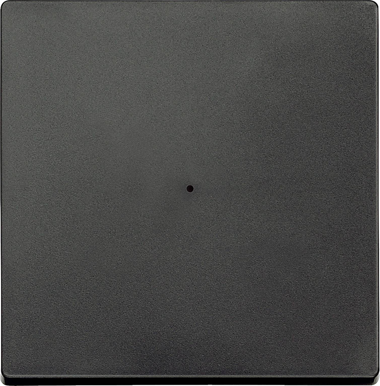 Das Bild zeigt einen quadratischen, schwarzen Schalter mit einem kleinen, zentral positionierten Punkt. Minimalistisches Design.