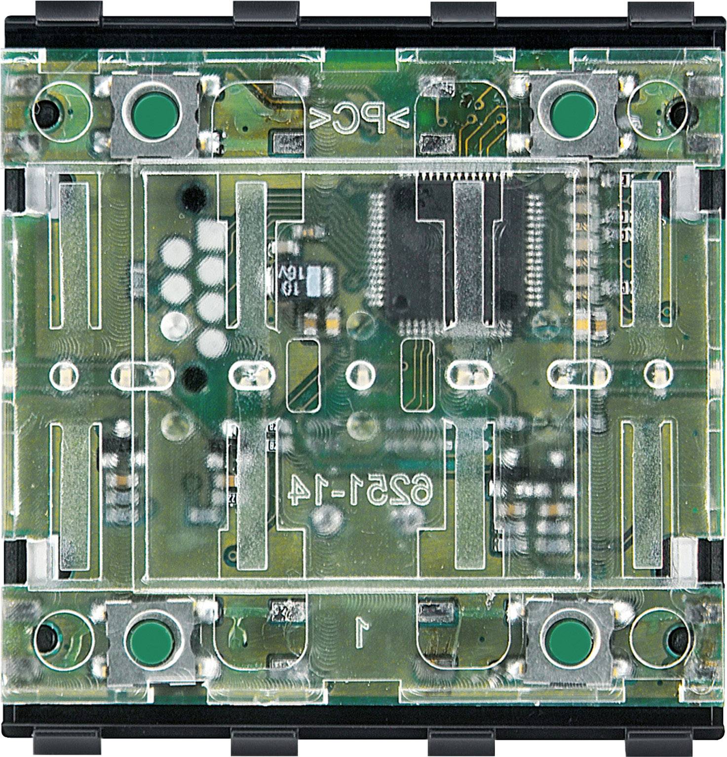 Elektronische Schaltung mit sichtbaren Leiterbahnen und Bauteilen auf einer grünlichen Leiterplatte, möglicherweise ein Modul.