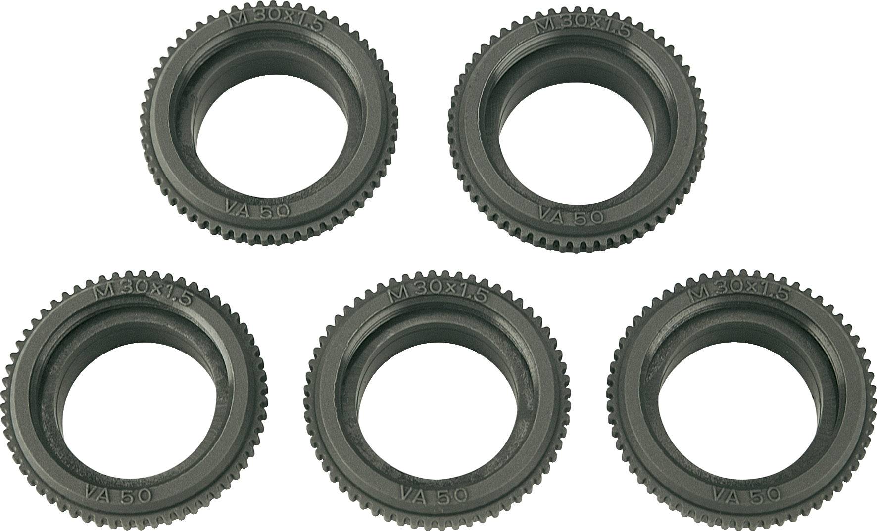 Fünf schwarze Metallringe mit gezahntem Rand, auf denen 'VA50' eingraviert ist, liegen nebeneinander auf hellem Hintergrund.