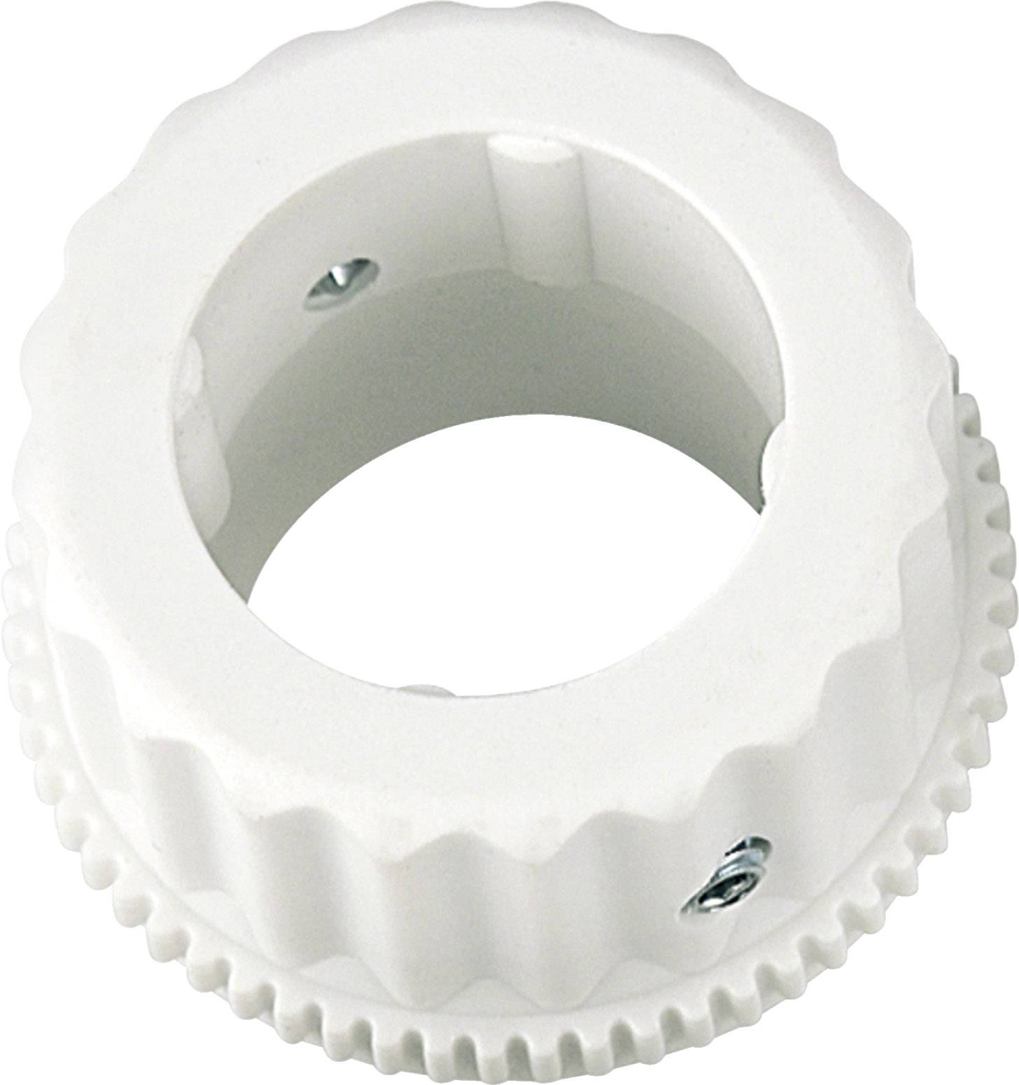 Weißer, geriffelter Drehknopf mit Öffnung in der Mitte und zwei kleinen Schrauben.