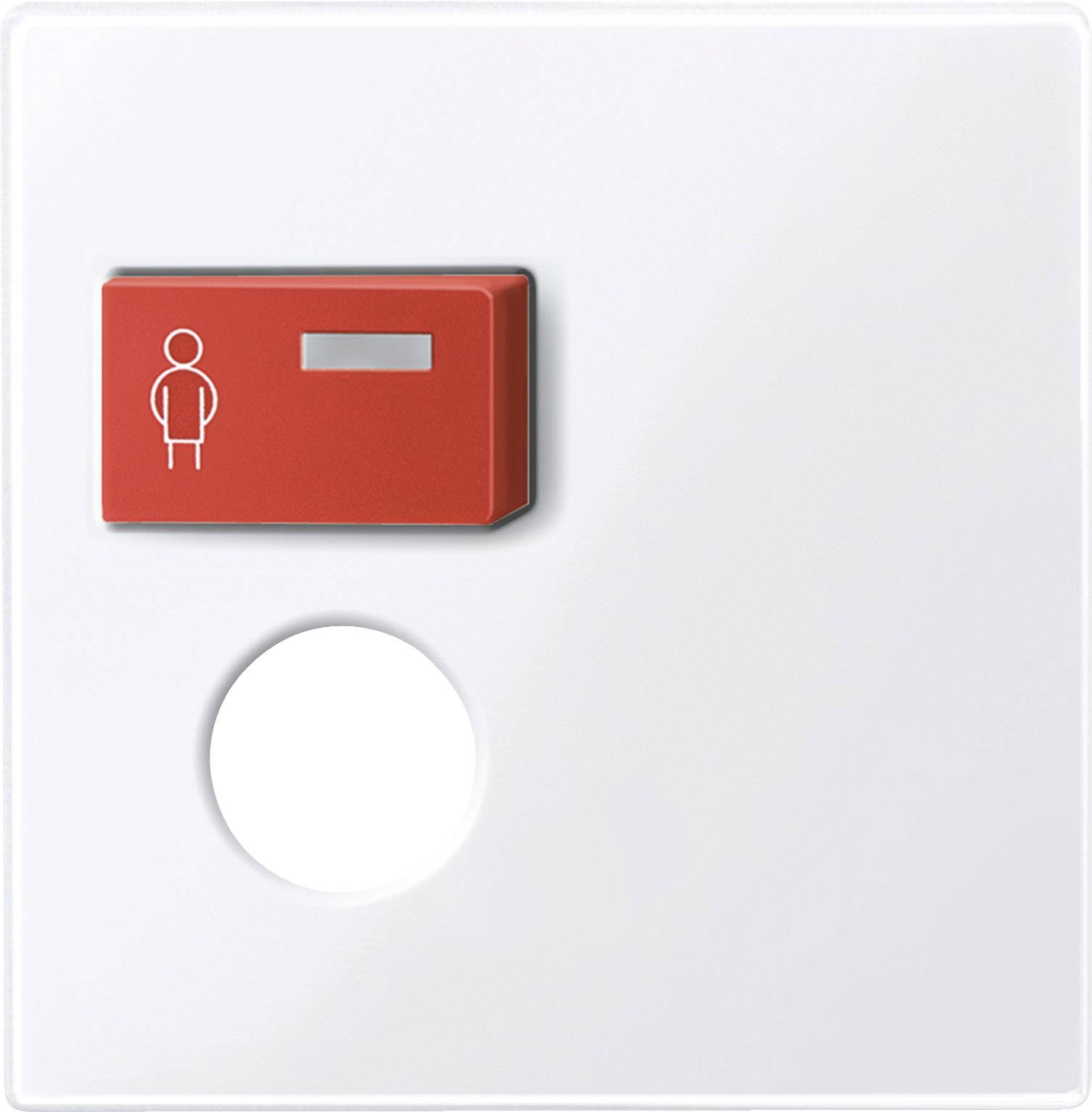 Ein roter Knopf mit einem stilisierten Symbol einer stehenden Person, daneben ein kleines rechteckiges Fenster auf weißem Hintergrund.