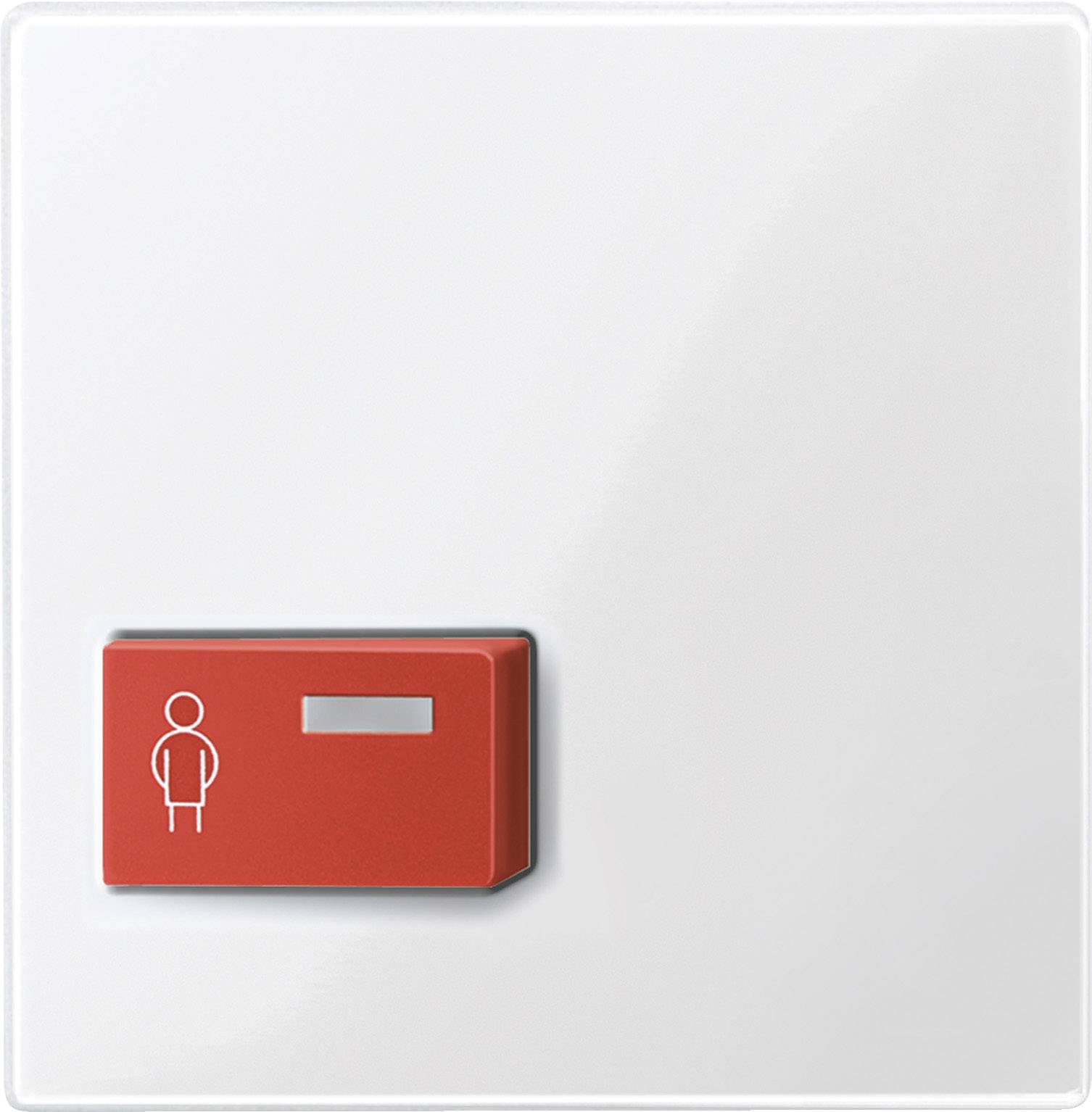 Roter Notrufknopf mit Symbol einer Person auf weißem Hintergrund.