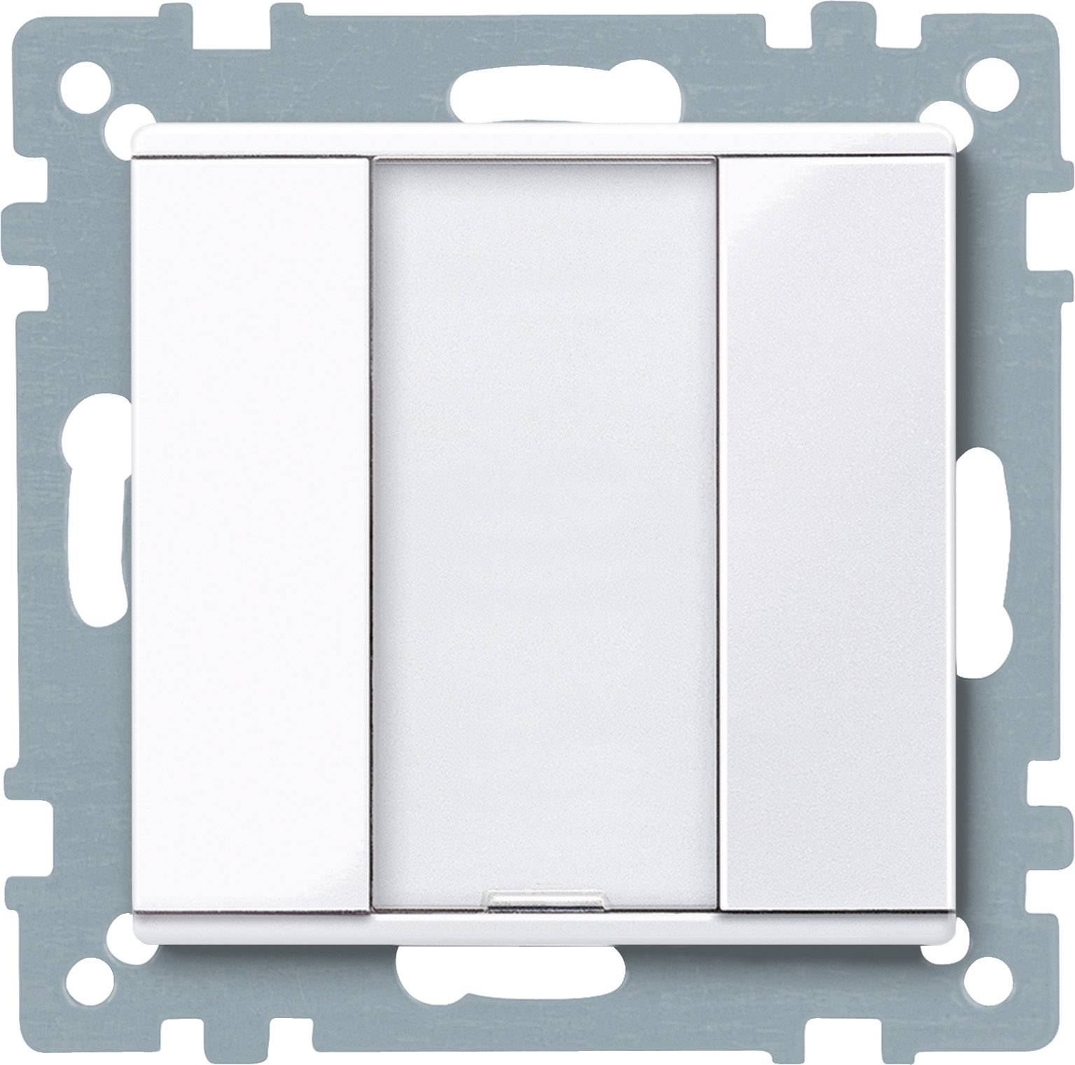 Ein weißer Lichtschalter mit zwei Tasten, montiert auf einer silbernen Metallplatte.