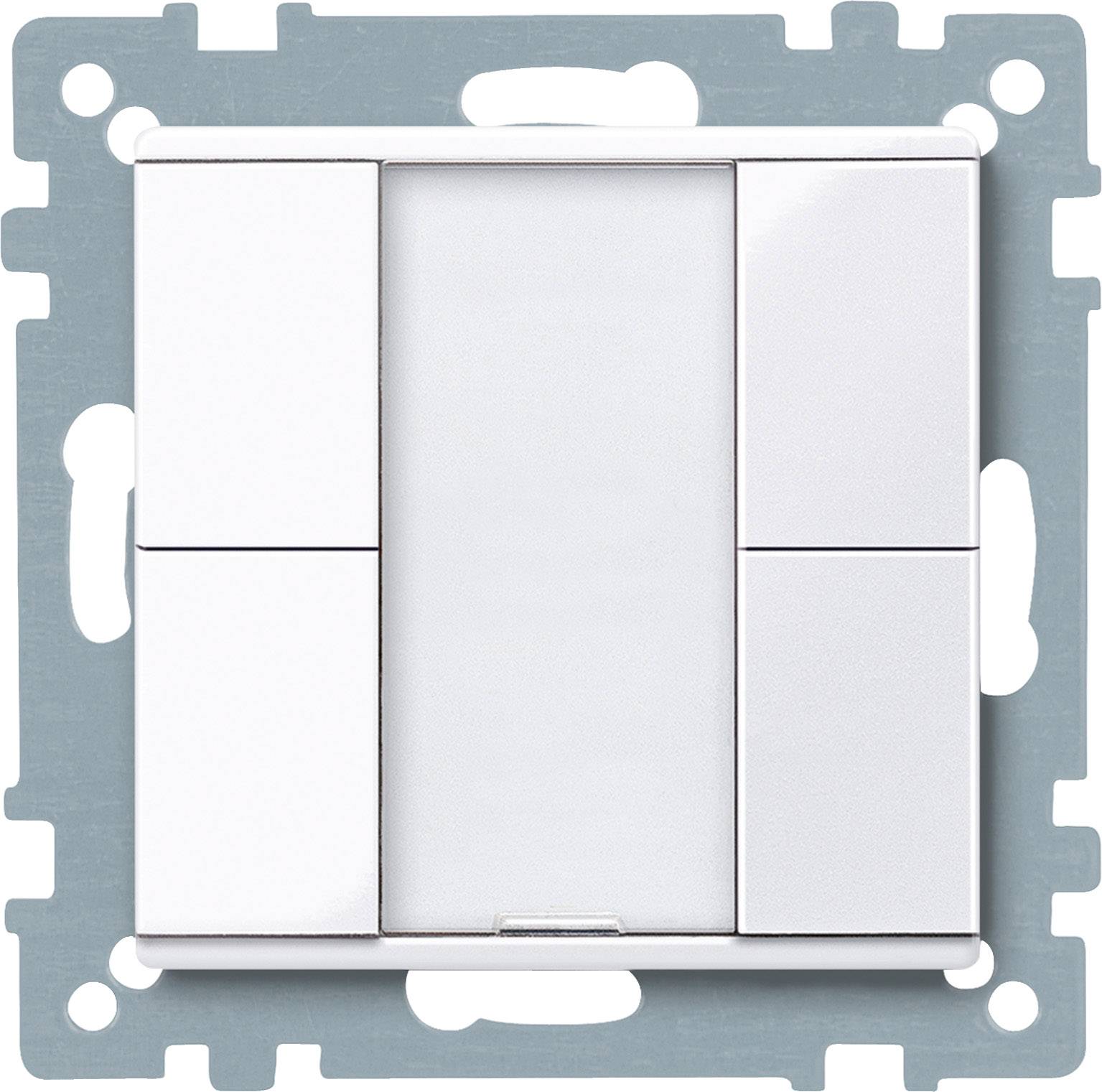 Ein weißer Lichtschalter mit fünf Tasten, montiert auf einer grauen Halterung. Geeignet zur Steuerung von Beleuchtungssystemen.