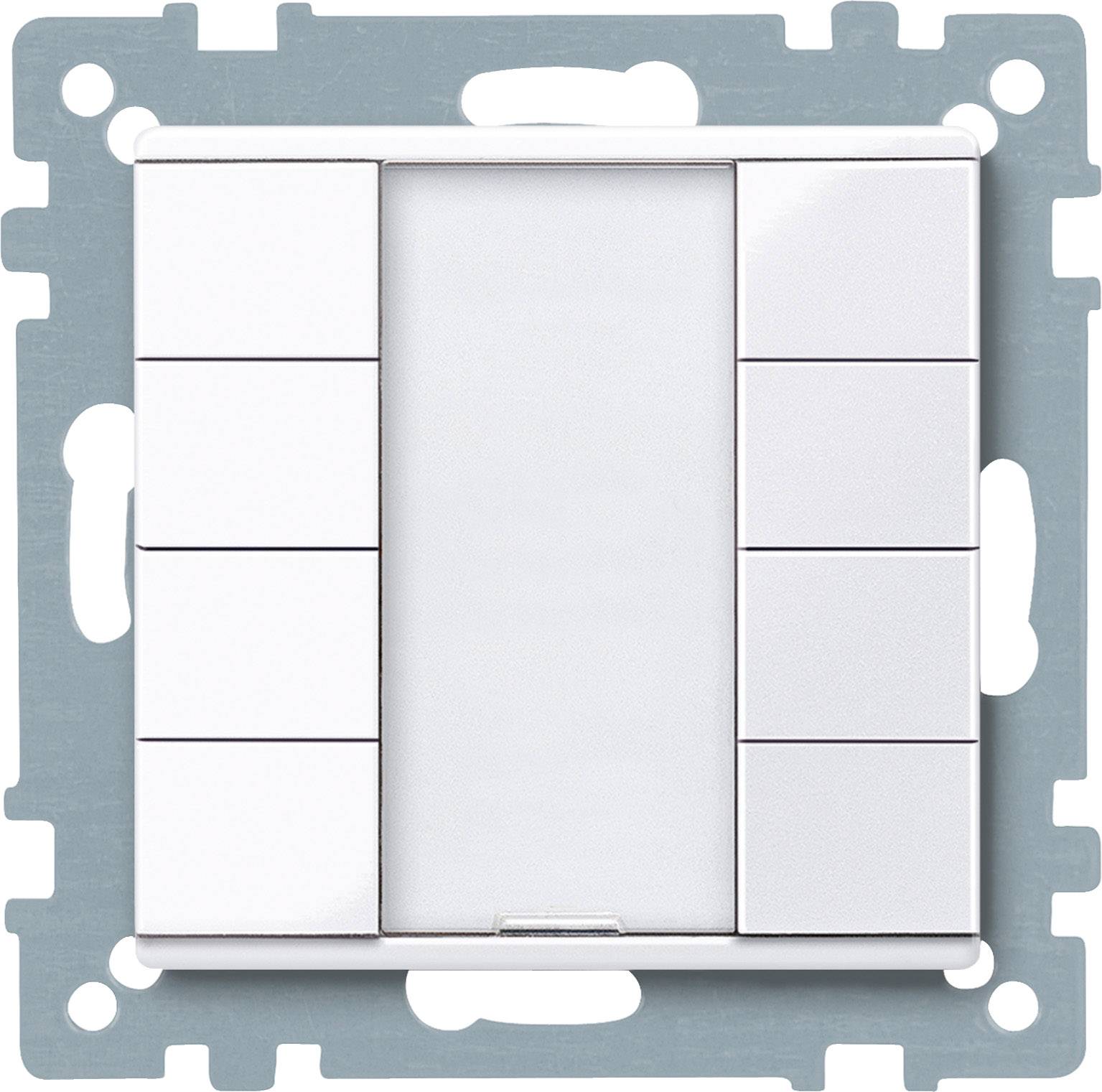 Ein weißer Lichtschalter mit acht Tasten in zwei vertikalen Reihen. Montiert auf einem grauen Metallrahmen.