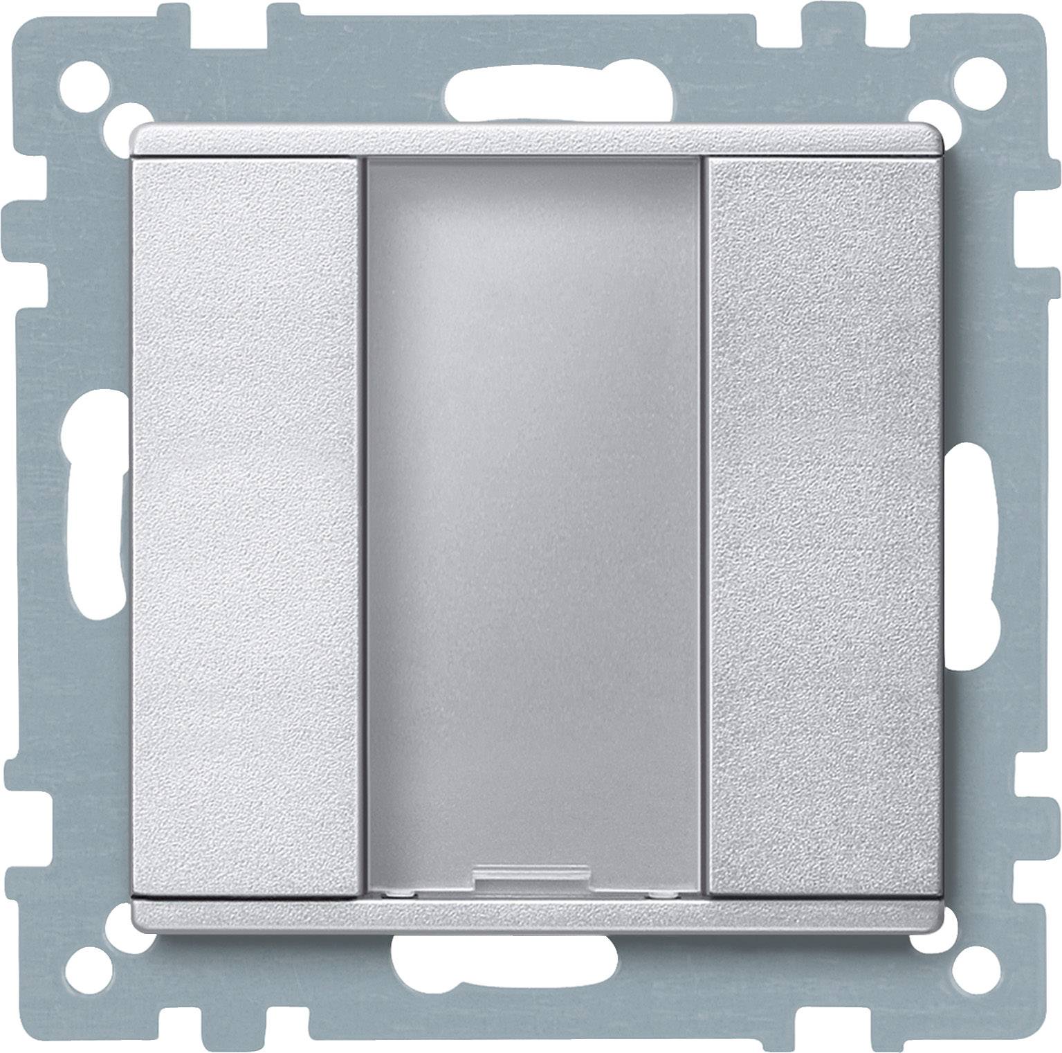 Ein silberner Lichtschalter mit zwei Tasten auf einer quadratischen Halterung.