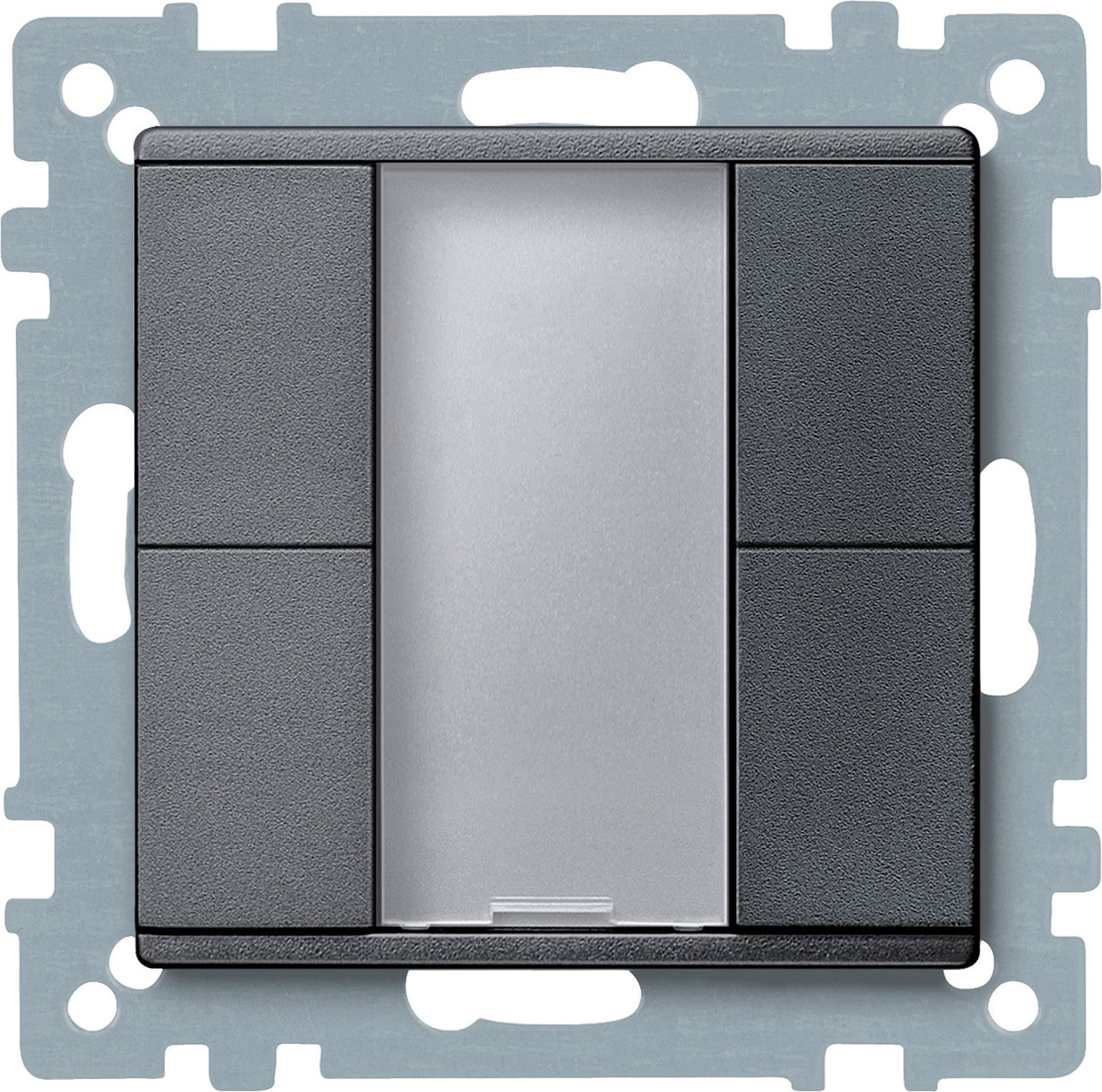 Ein quadratischer Lichtschalter in einem rechteckigen Metallrahmen mit drei Teilen: zwei schwarze Tasten und eine graue mittlere Taste.
