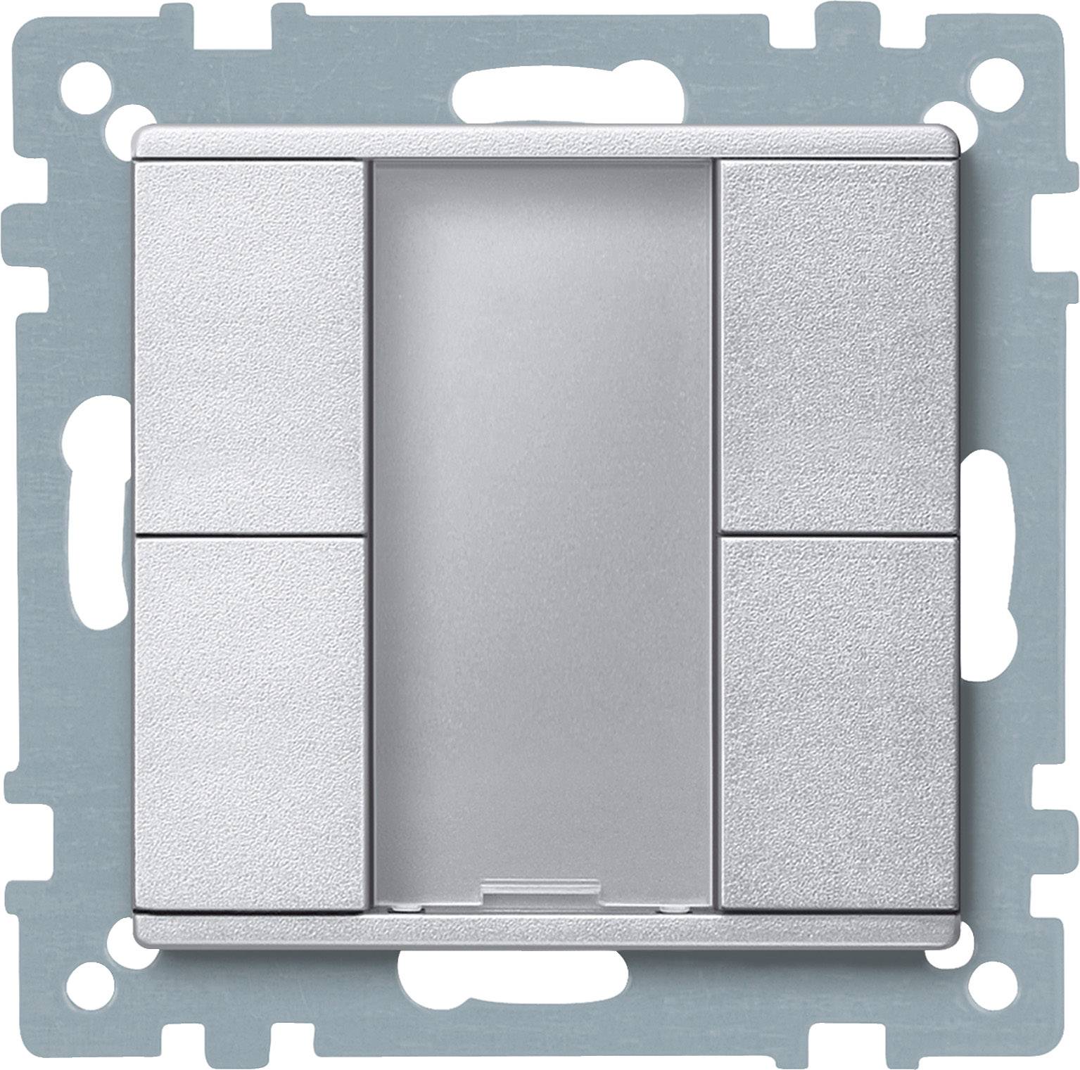 Lichtschalter in silberner Farbe, eingebaut in eine Wandplatte, mit fünf quadratischen Tasten, zentral platziert.