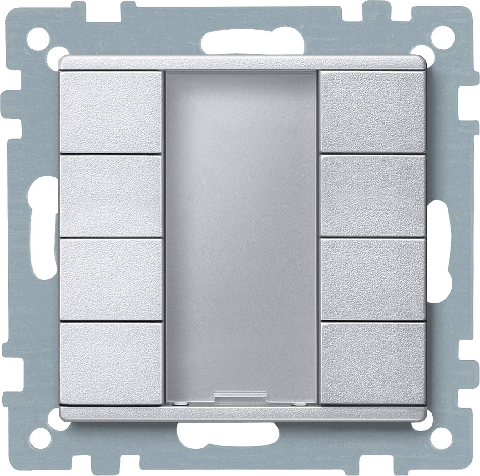 Quadratischer Lichtschalter mit acht kleinen rechteckigen Knöpfen, symmetrisch um eine leere zentrale Fläche angeordnet. Silbernes Finish.