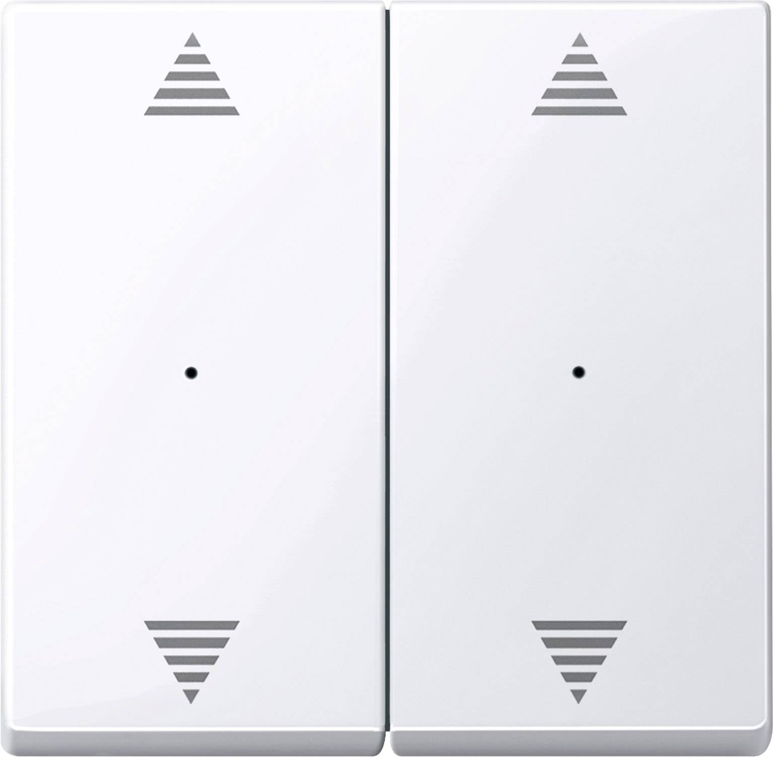 Zwei weiße Wandschalter mit auf- und abwärts gerichteten Dreiecken; wahrscheinlich für die Steuerung von Jalousien oder Rollläden.