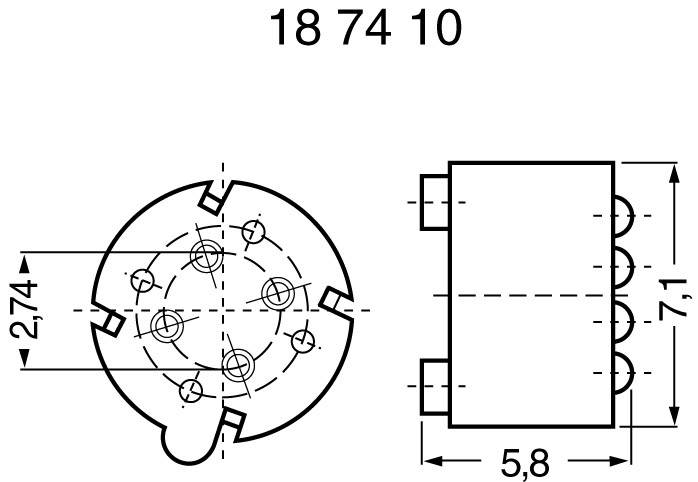 Technische Zeichnung eines sechspoligen Steckverbinders mit Maßangaben: Durchmesser 27,4 mm; Tiefe 5,8 mm; Höhe 7,1 mm.