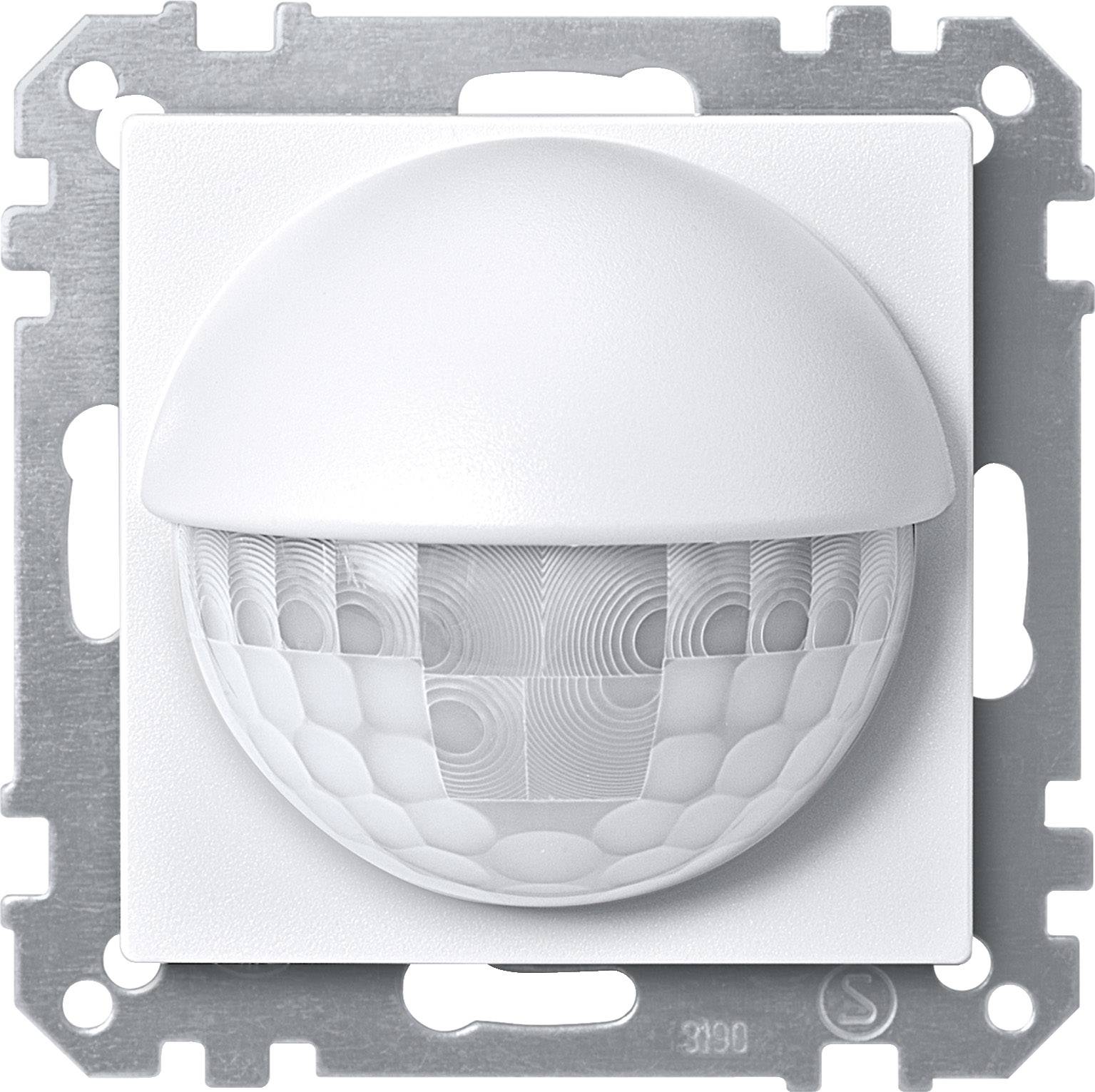 Ein weißer Bewegungsmelder in quadratischer Halterung zur Wandmontage, geeignet zur Erkennung von Bewegung zur Lichtsteuerung.